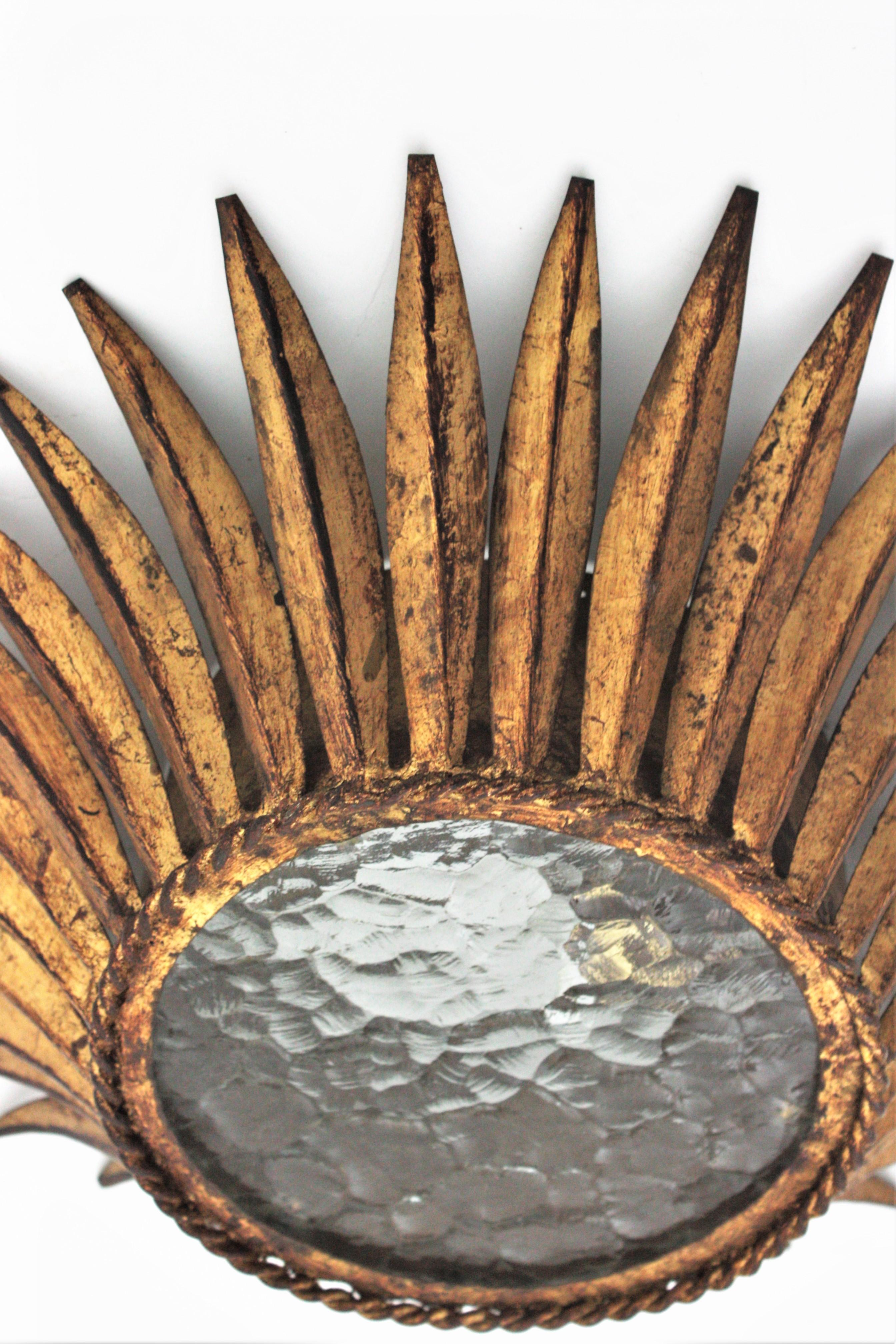 Spanish Sunburst Crown Ceiling Light Fixture, Gilt Iron and Textured Glass For Sale 1