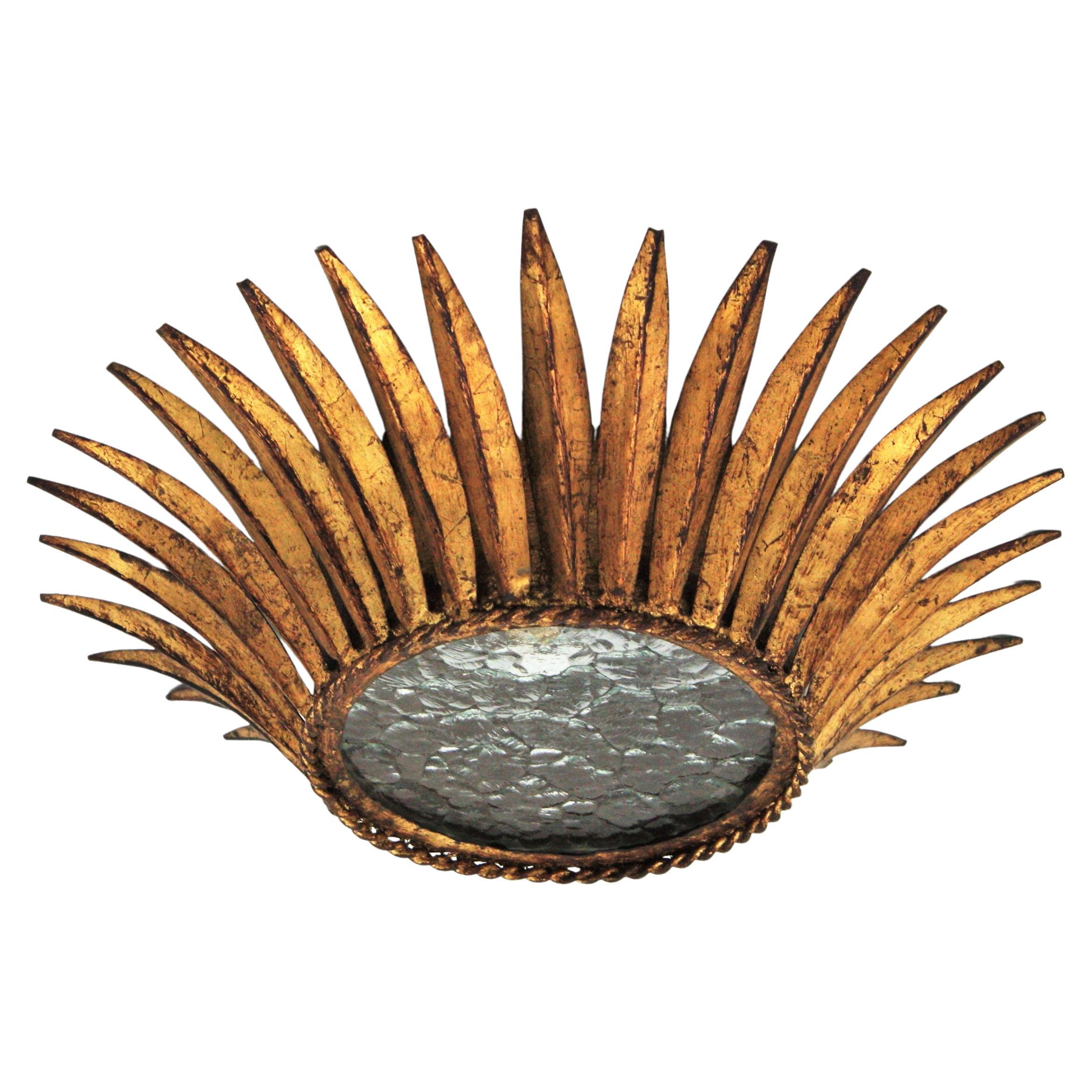 Spanish Sunburst Crown Ceiling Light Fixture, Gilt Iron and Textured Glass For Sale