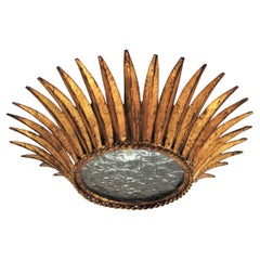 Spanish Sunburst Crown Ceiling Light Fixture, Gilt Iron and Textured Glass