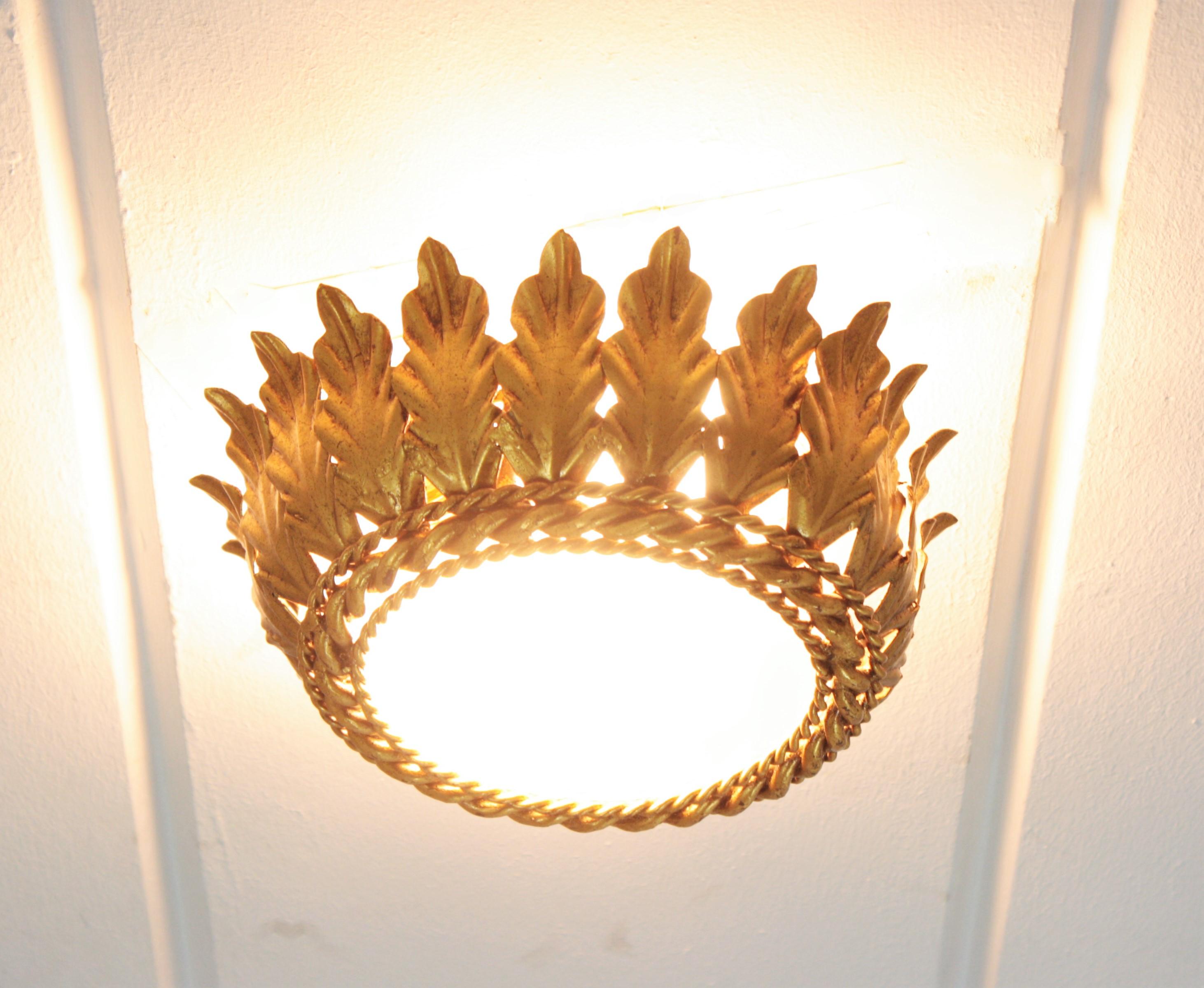 Metal Spanish Sunburst Crown Ceiling Light in Gilt Iron For Sale