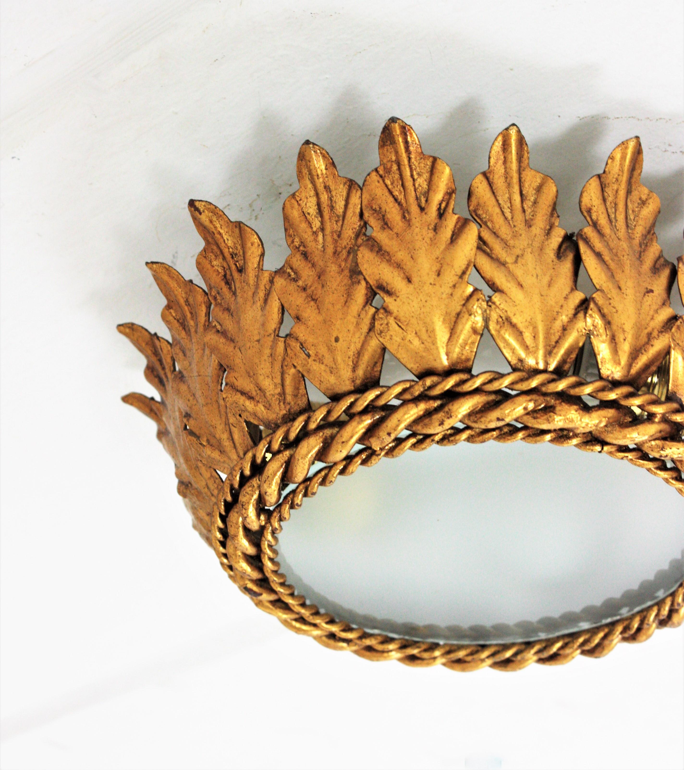 Spanish Sunburst Crown Ceiling Light in Gilt Iron For Sale 1