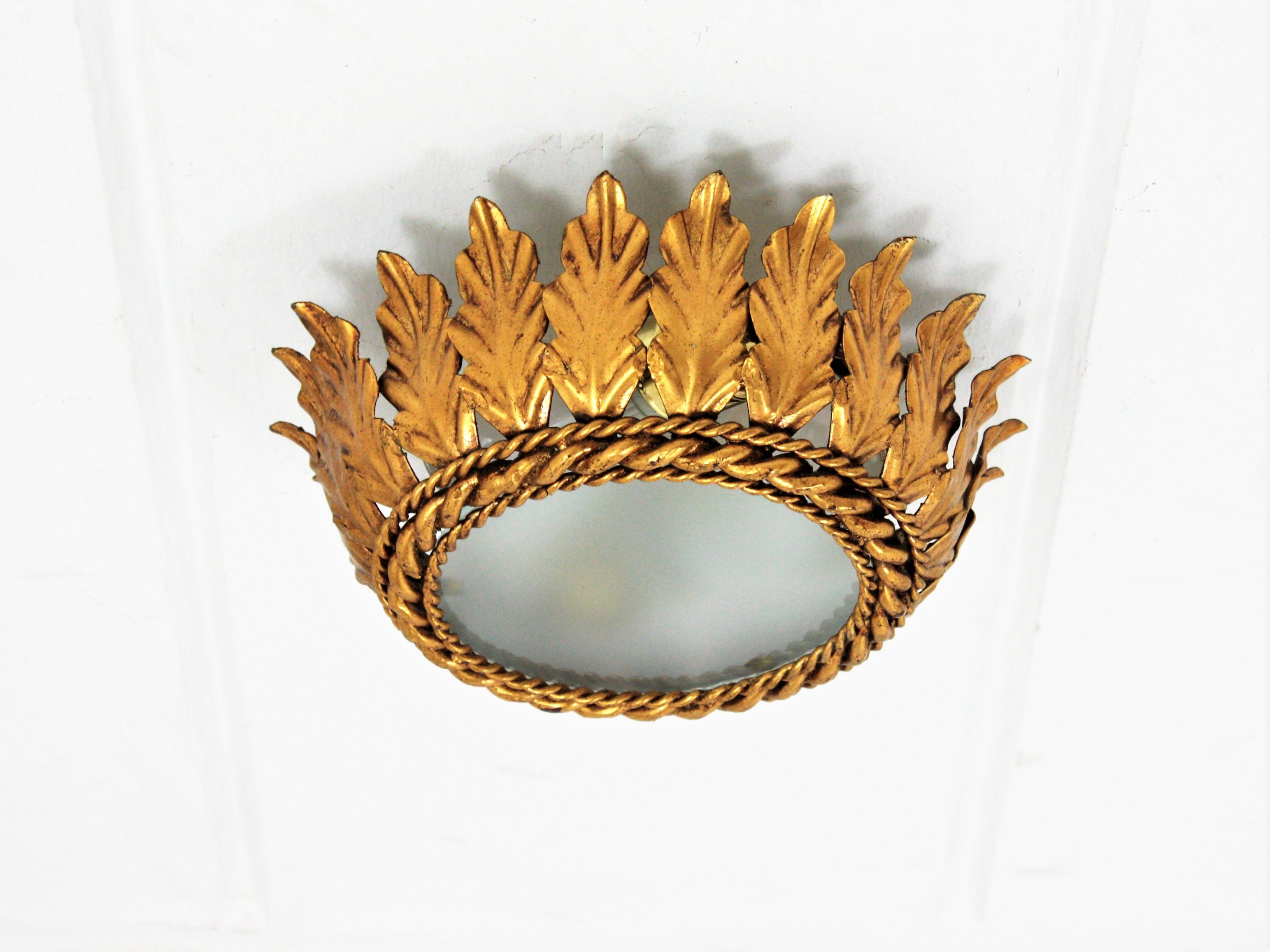 Mid-Century Modern Spanish Sunburst Crown Ceiling Light in Gilt Iron For Sale