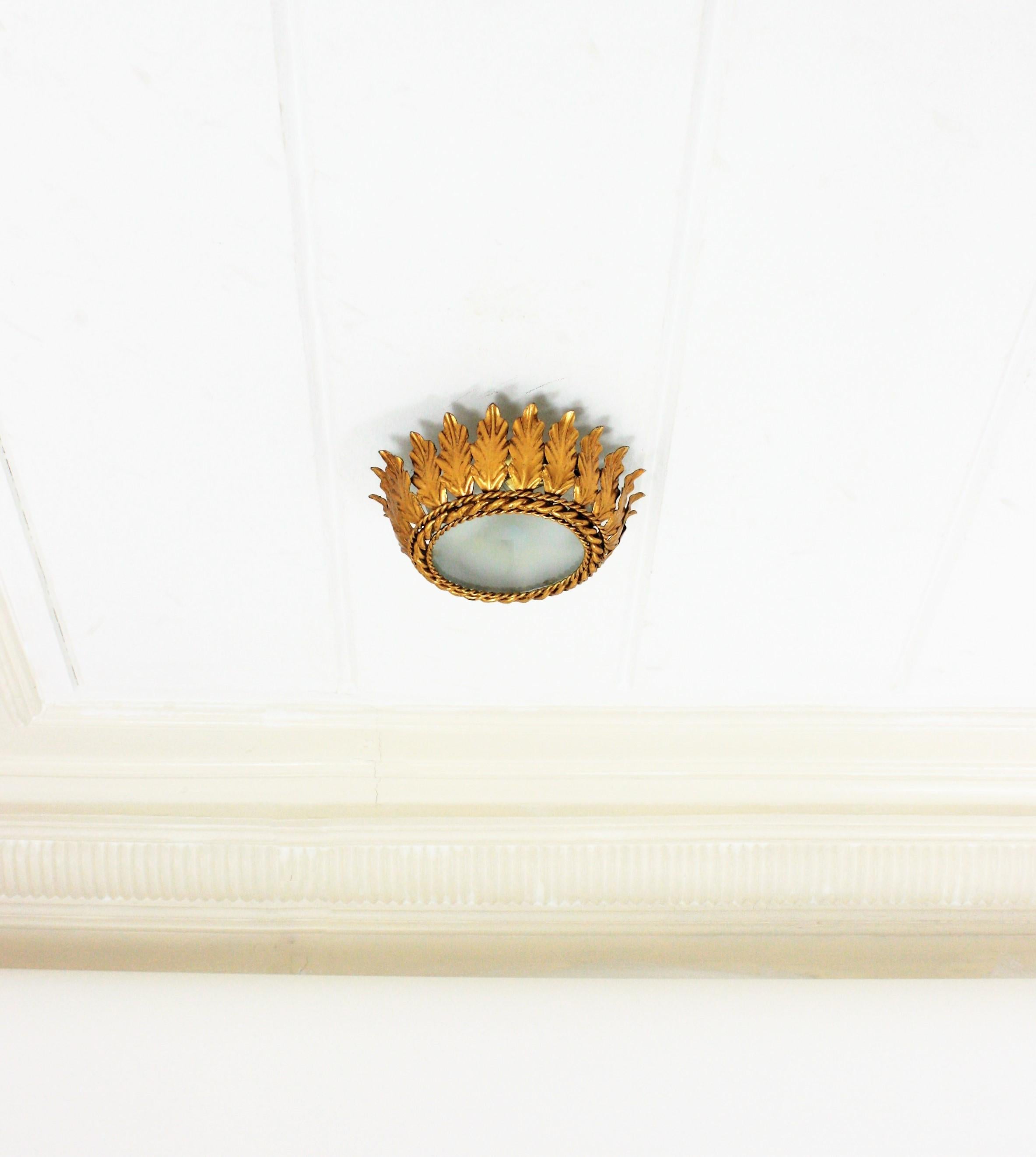 Frosted Spanish Sunburst Crown Ceiling Light in Gilt Iron For Sale