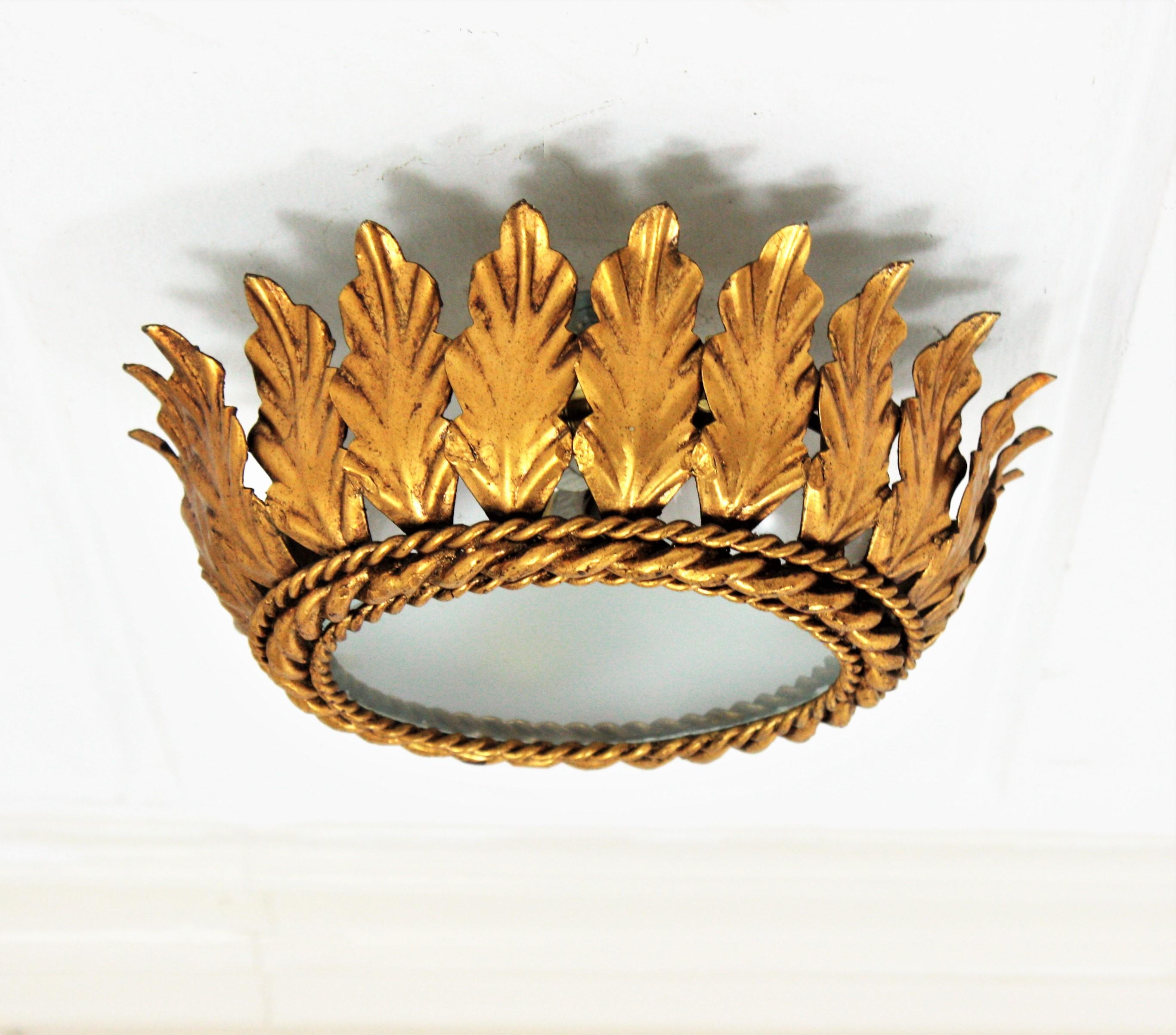 20th Century Spanish Sunburst Crown Ceiling Light in Gilt Iron For Sale