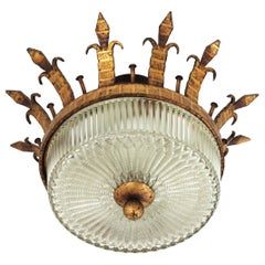 Spanish Sunburst Crown Light Fixture in Gilt Wrought Iron and Glass, 1940s