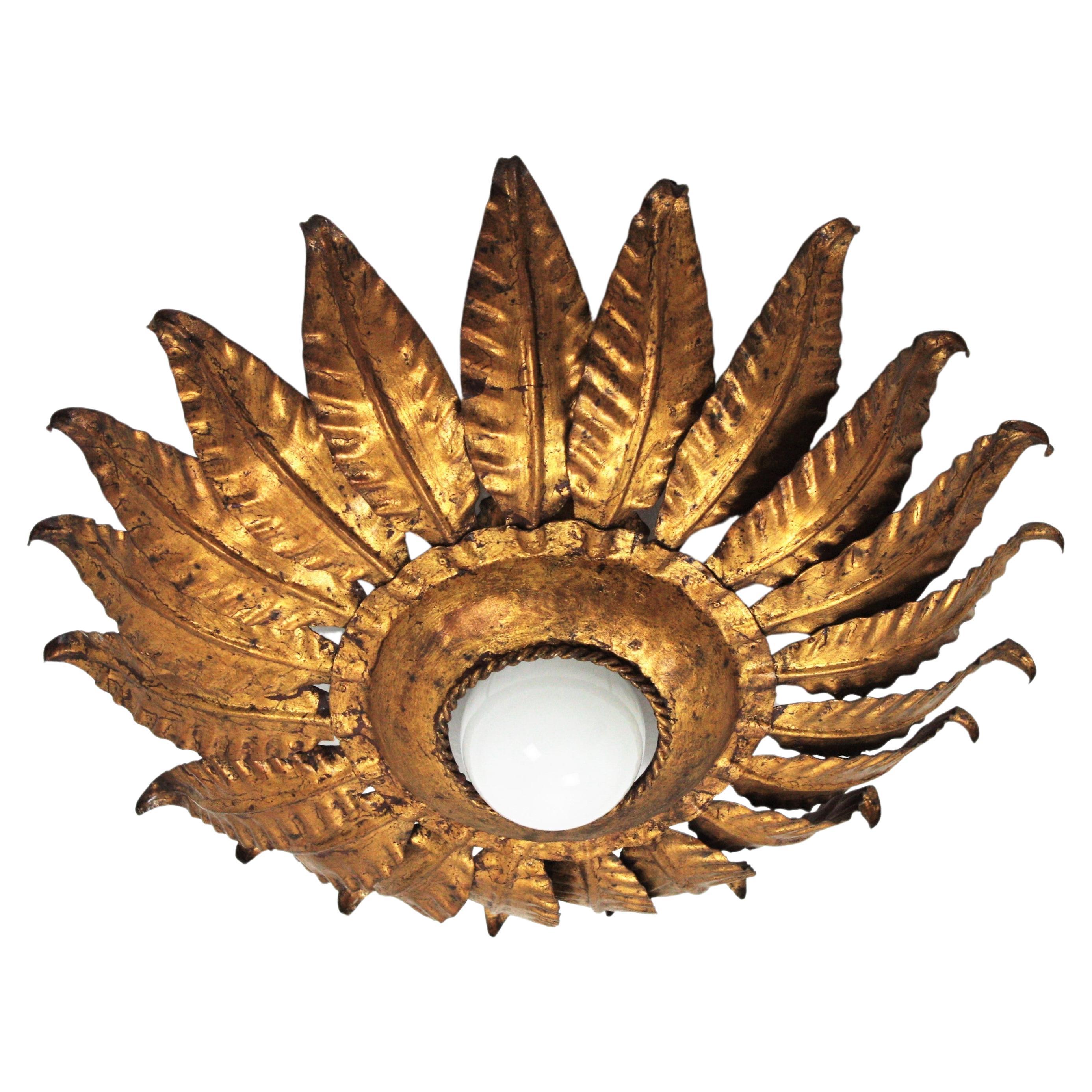 Luminaire à fleur de soleil en fer doré à la feuille d'or martelé à la main avec cadre feuillagé, Espagne, années 1950.
Ce porte-chandelle présente une structure en fer forgé composée de feuilles en fer doré. La partie entourant l'ampoule est