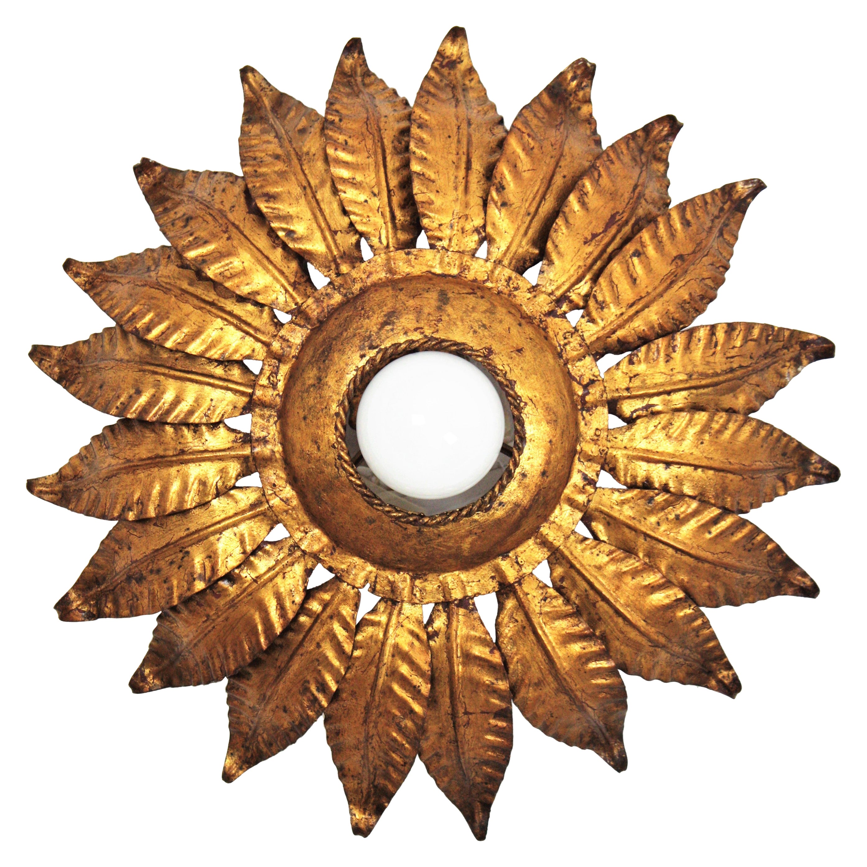 Spanish Sunburst Flower Light Fixture in Gilt Iron, 1950s