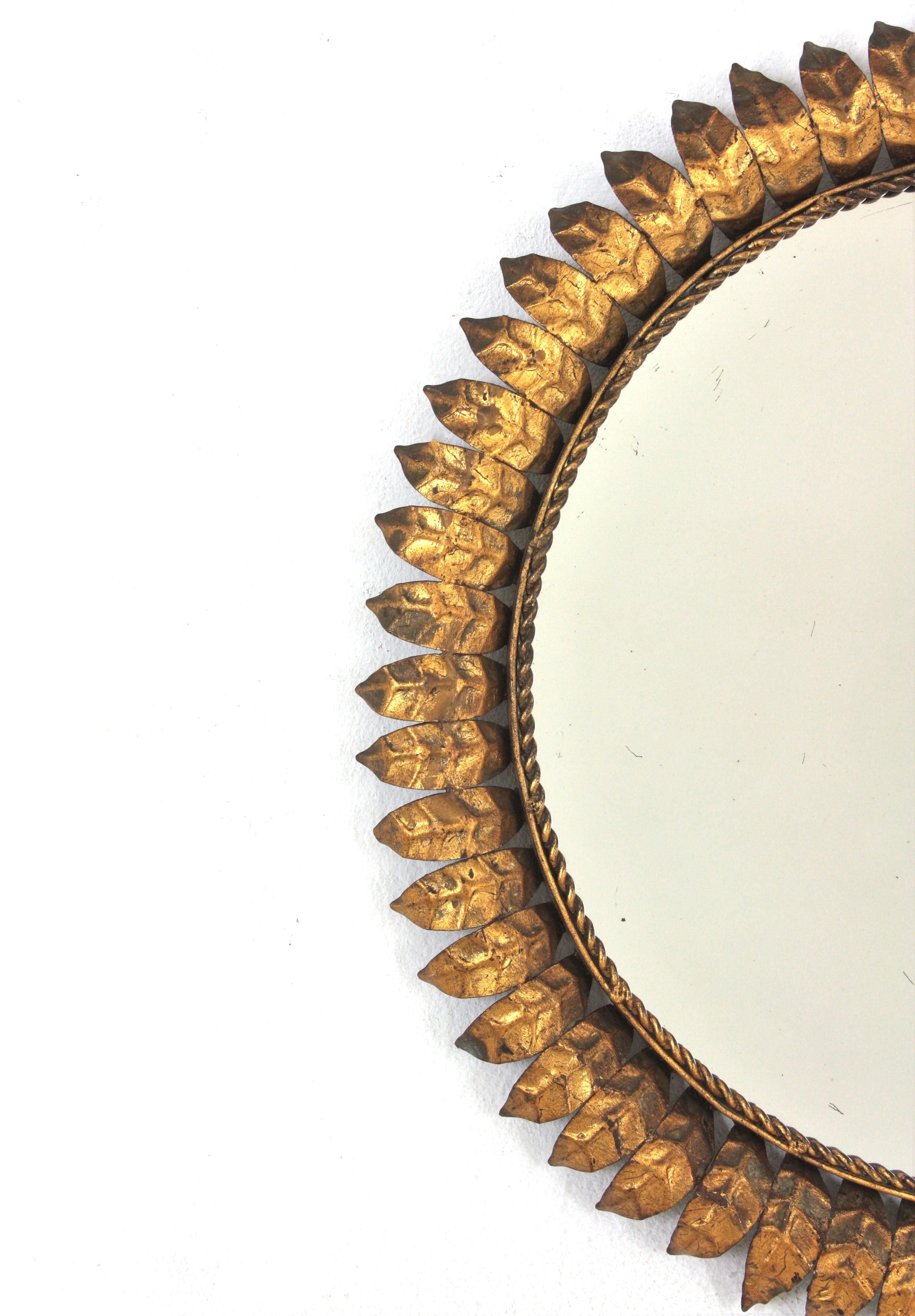 Metal Spanish Sunburst Flower Mirror in Gilt Iron, 1950s For Sale
