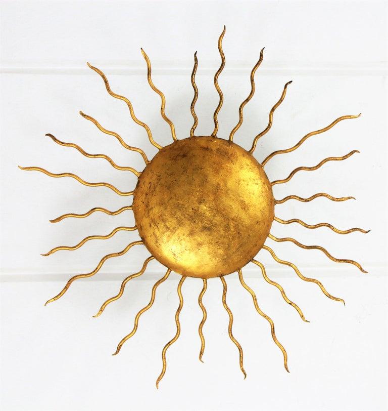 Spanish Sunburst Flushmount Ceiling Lamp / Wall Light in Wrought Gilt Iron 5