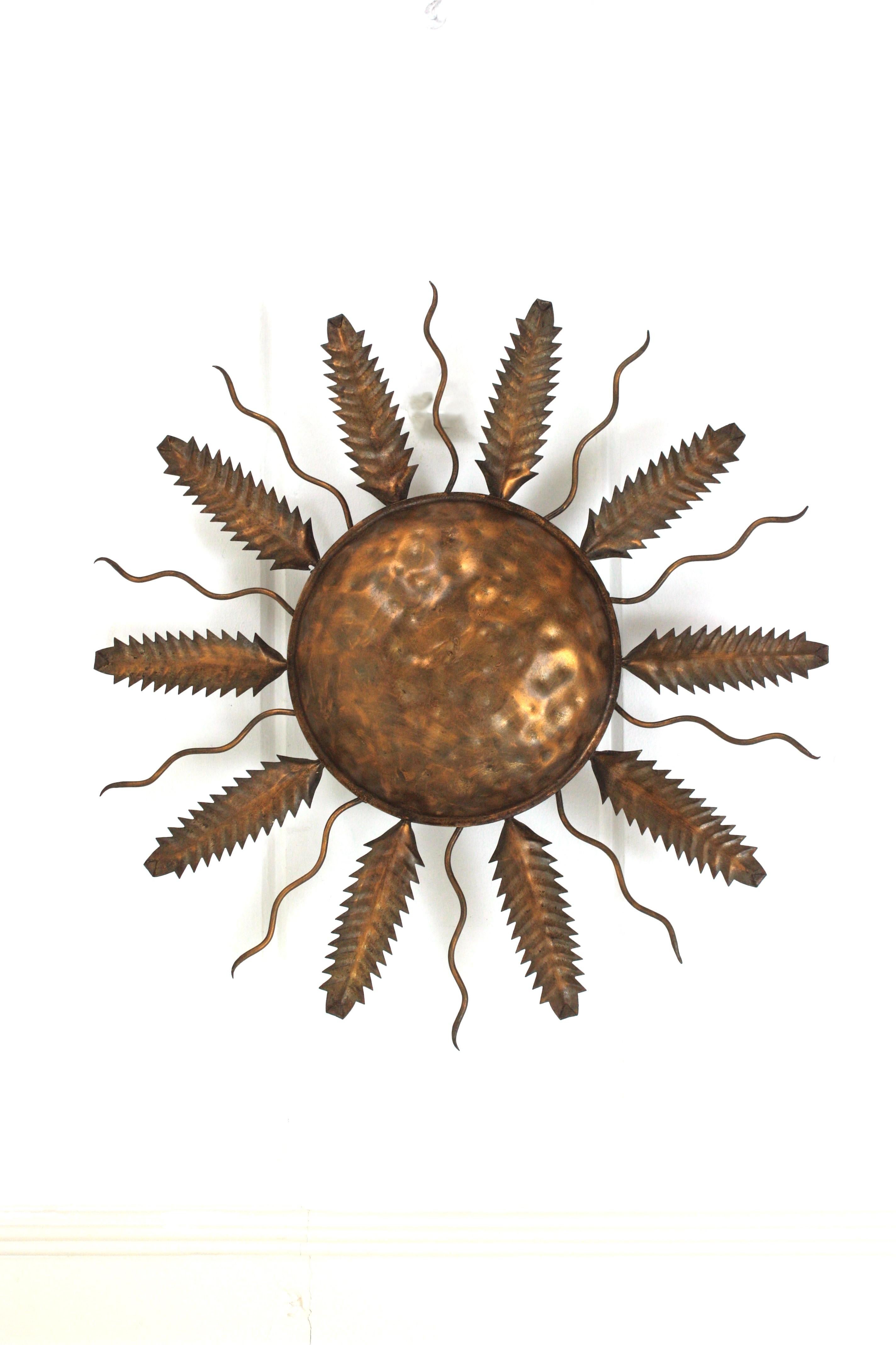 Spanish Sunburst Flush Mount Ceiling Light Fixture in Gilt Iron For Sale 4