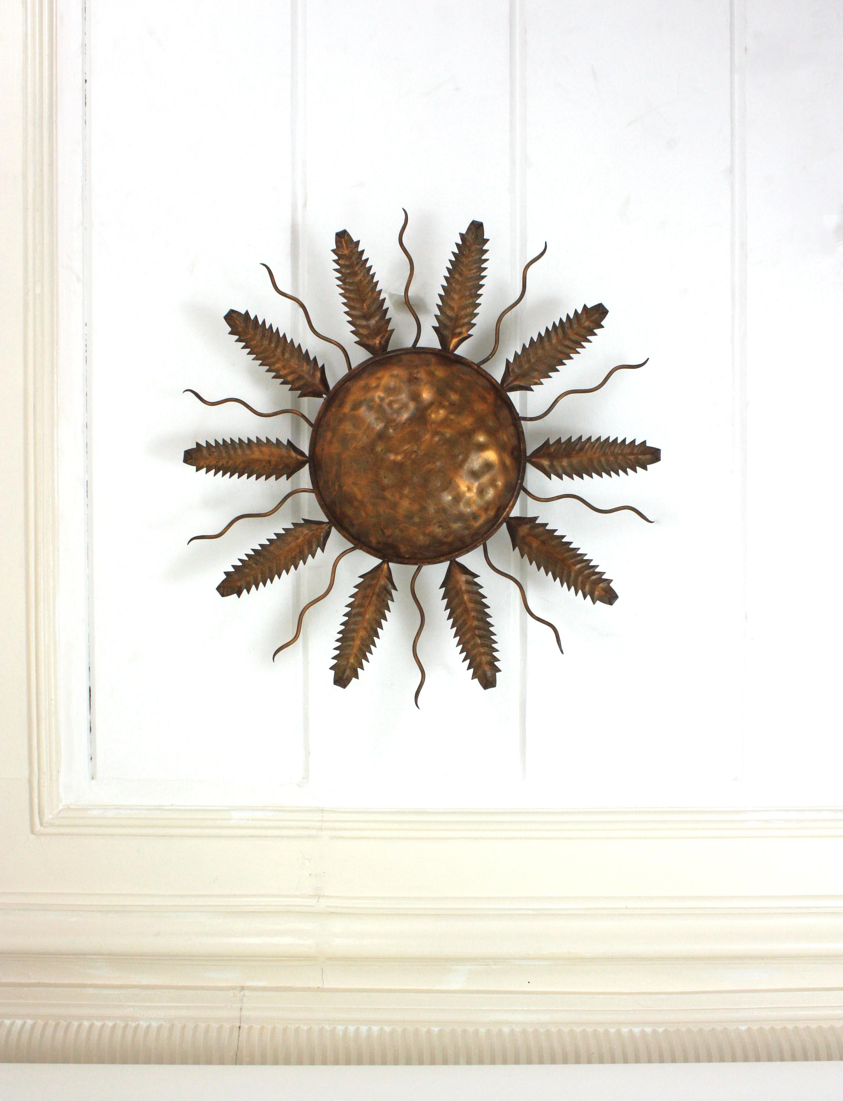 Spanish Sunburst Flush Mount Ceiling Light Fixture in Gilt Iron For Sale 5