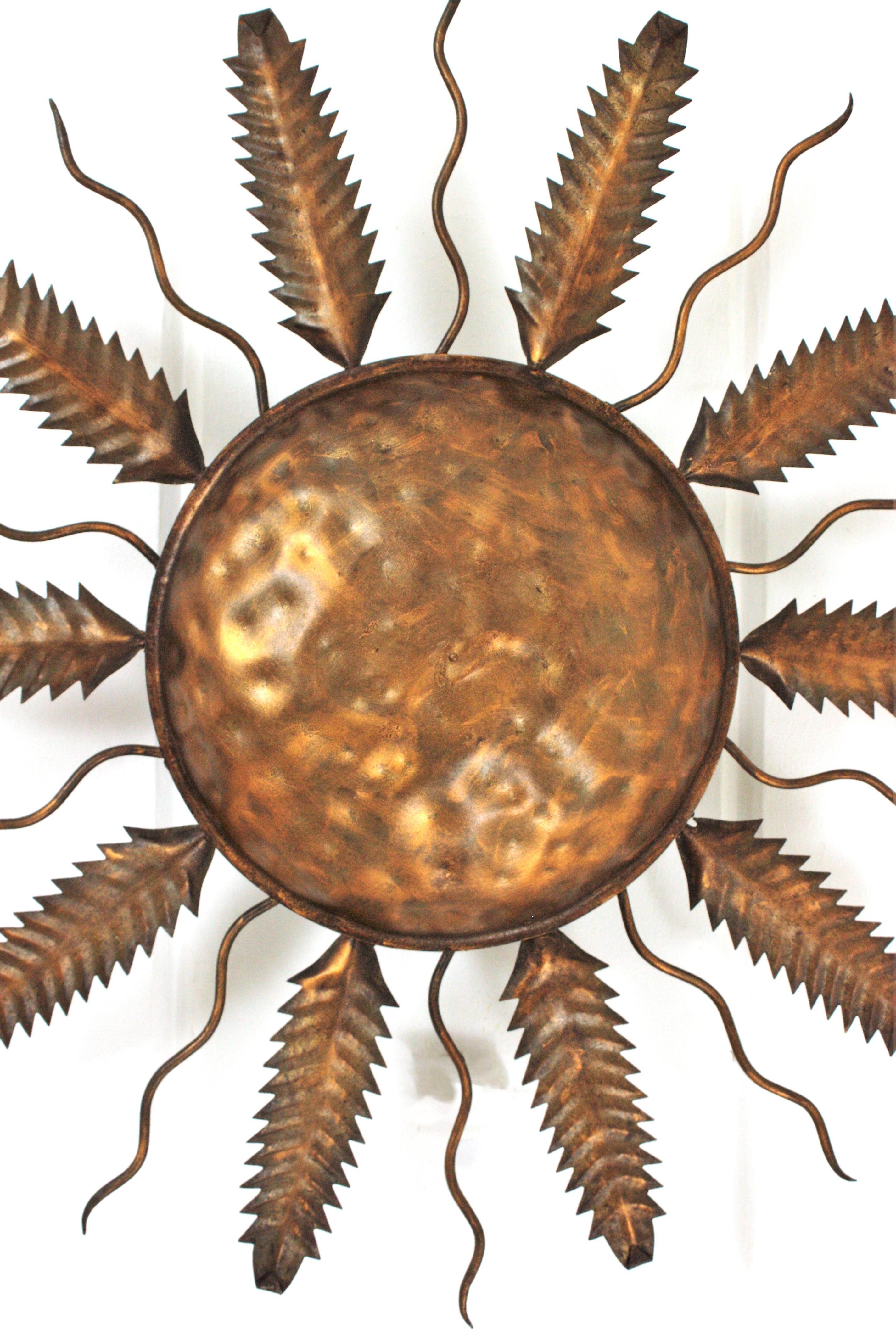 Spanish Sunburst Flush Mount Ceiling Light Fixture in Gilt Iron For Sale 8
