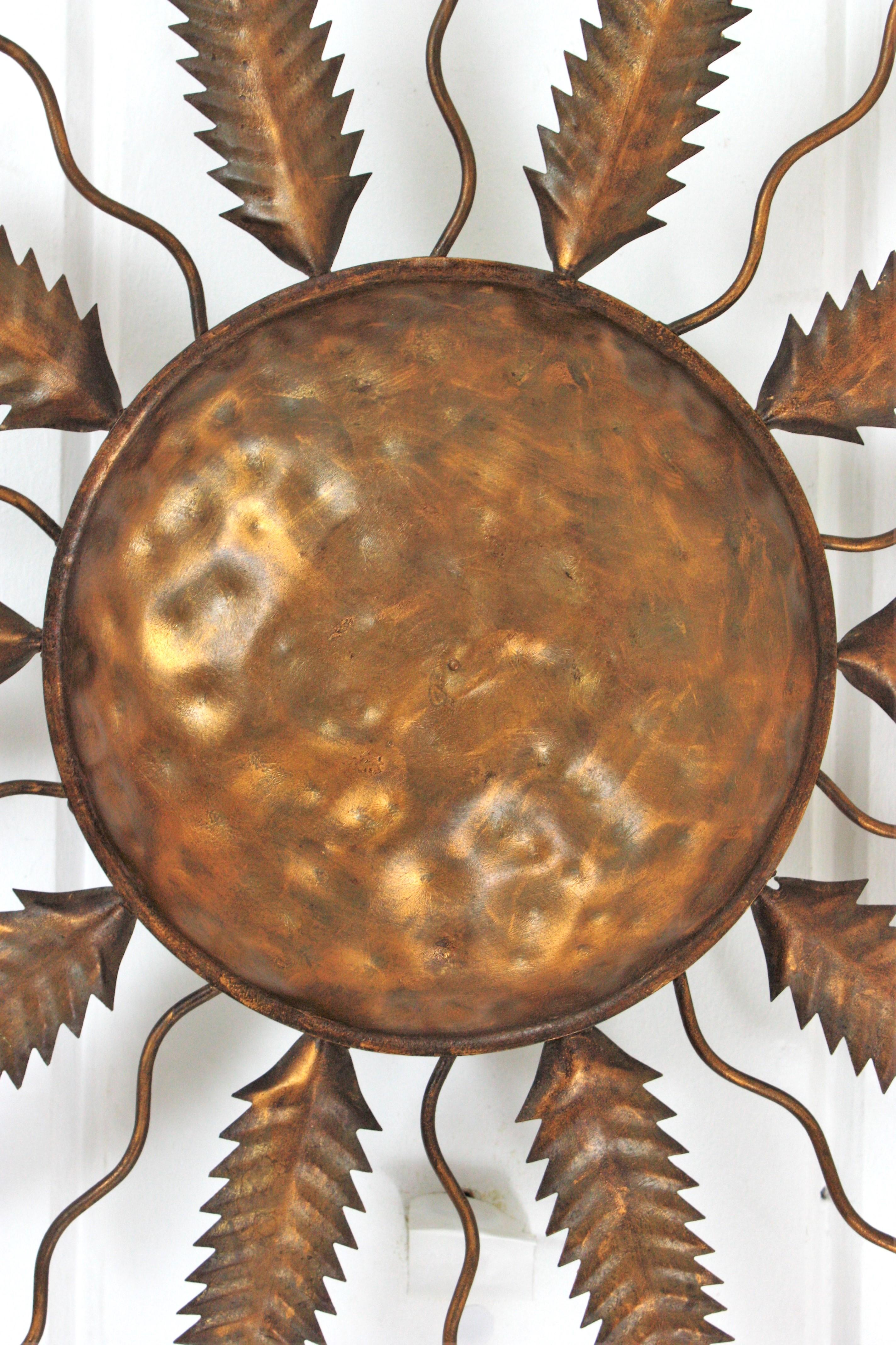 Spanish Sunburst Flush Mount Ceiling Light Fixture in Gilt Iron For Sale 9