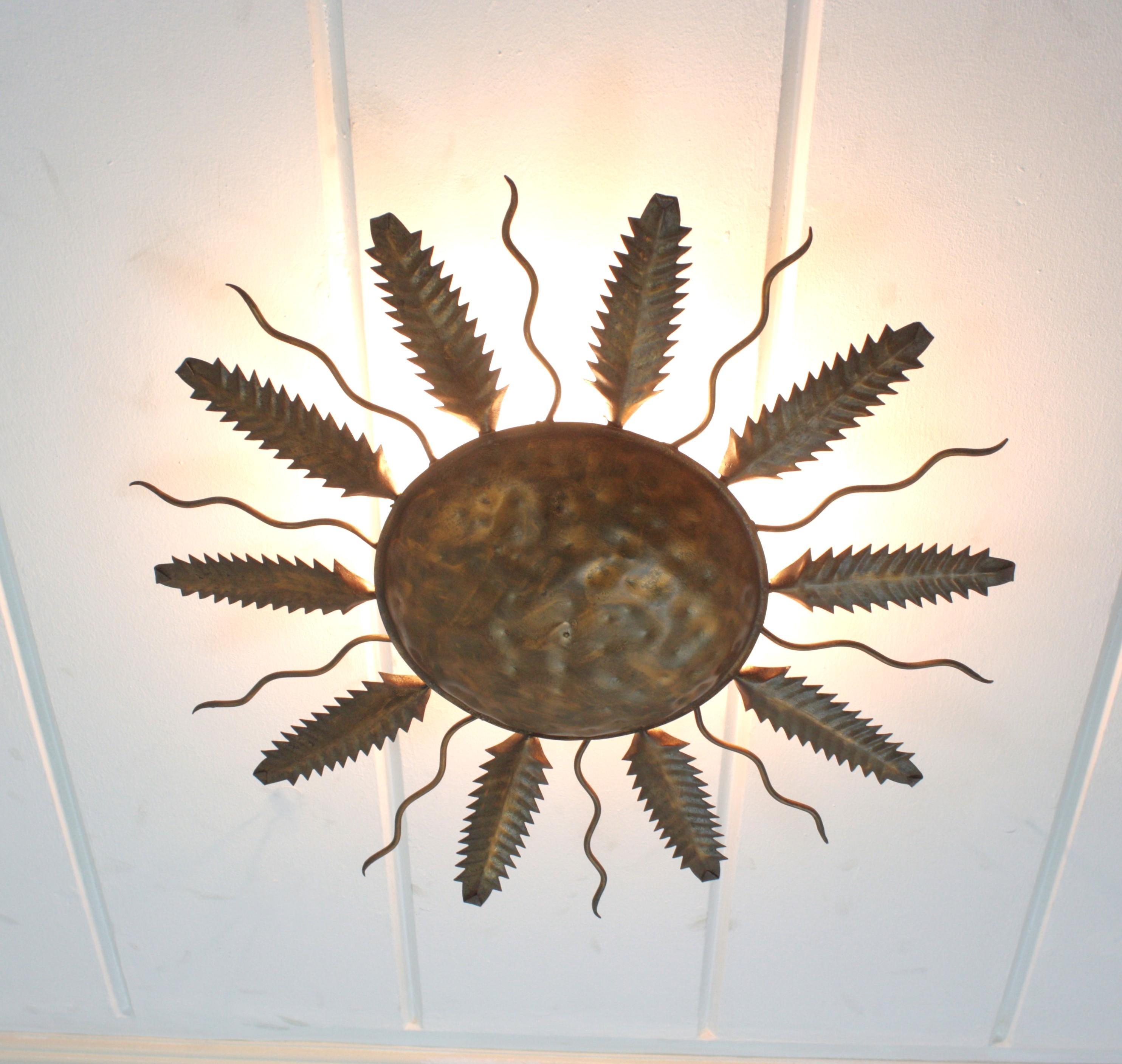 Spanish Sunburst Flush Mount Ceiling Light Fixture in Gilt Iron For Sale 10