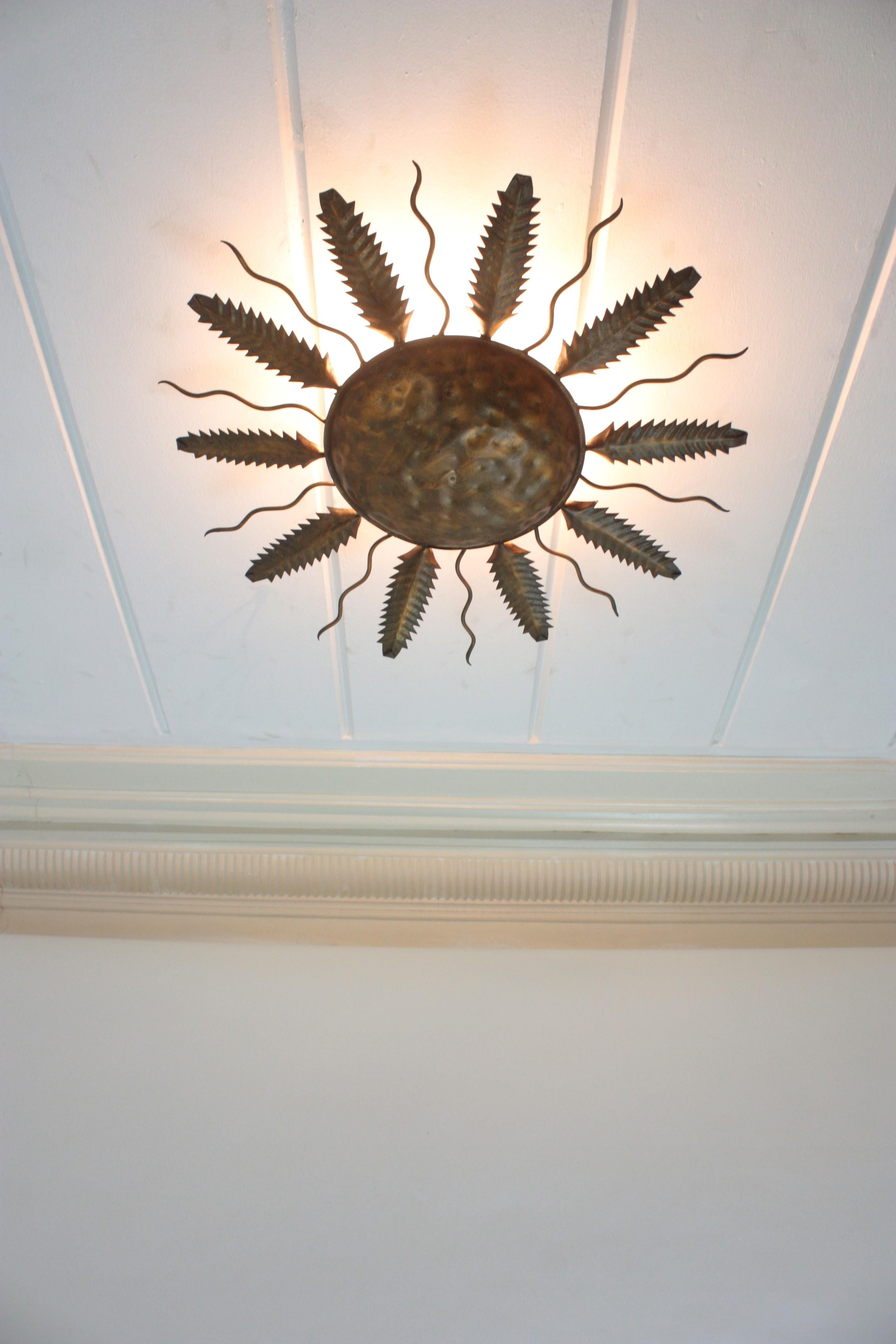 Spanish Sunburst Flush Mount Ceiling Light Fixture in Gilt Iron For Sale 11