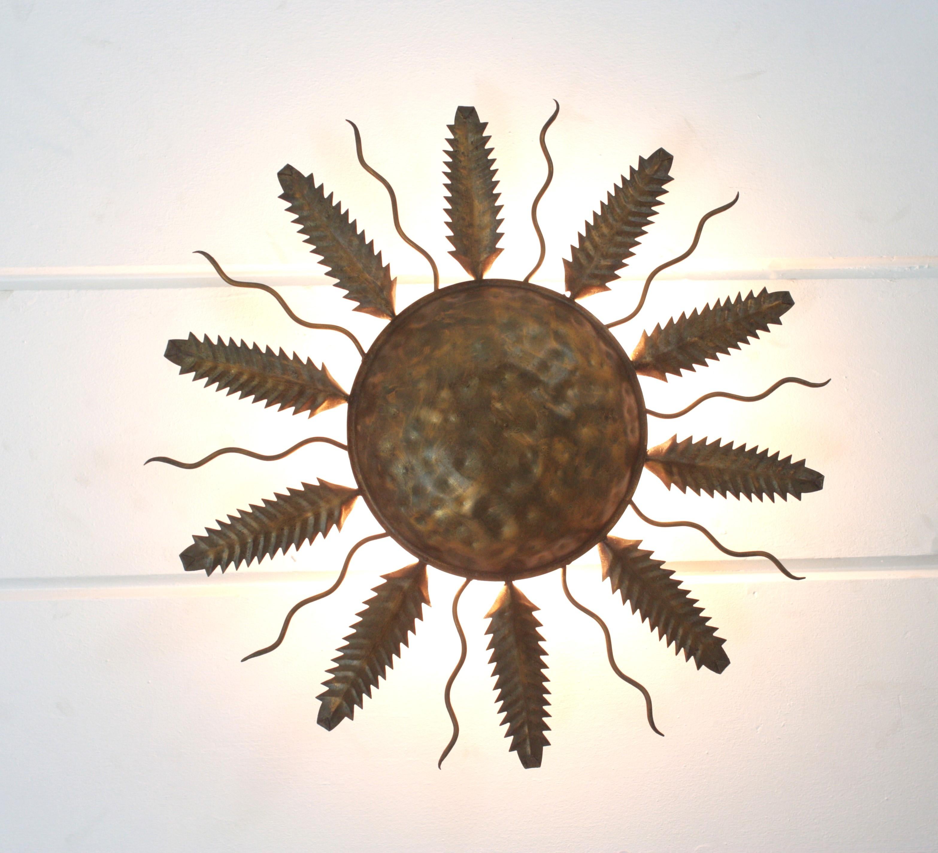 Spanish Sunburst Flush Mount Ceiling Light Fixture in Gilt Iron For Sale 12