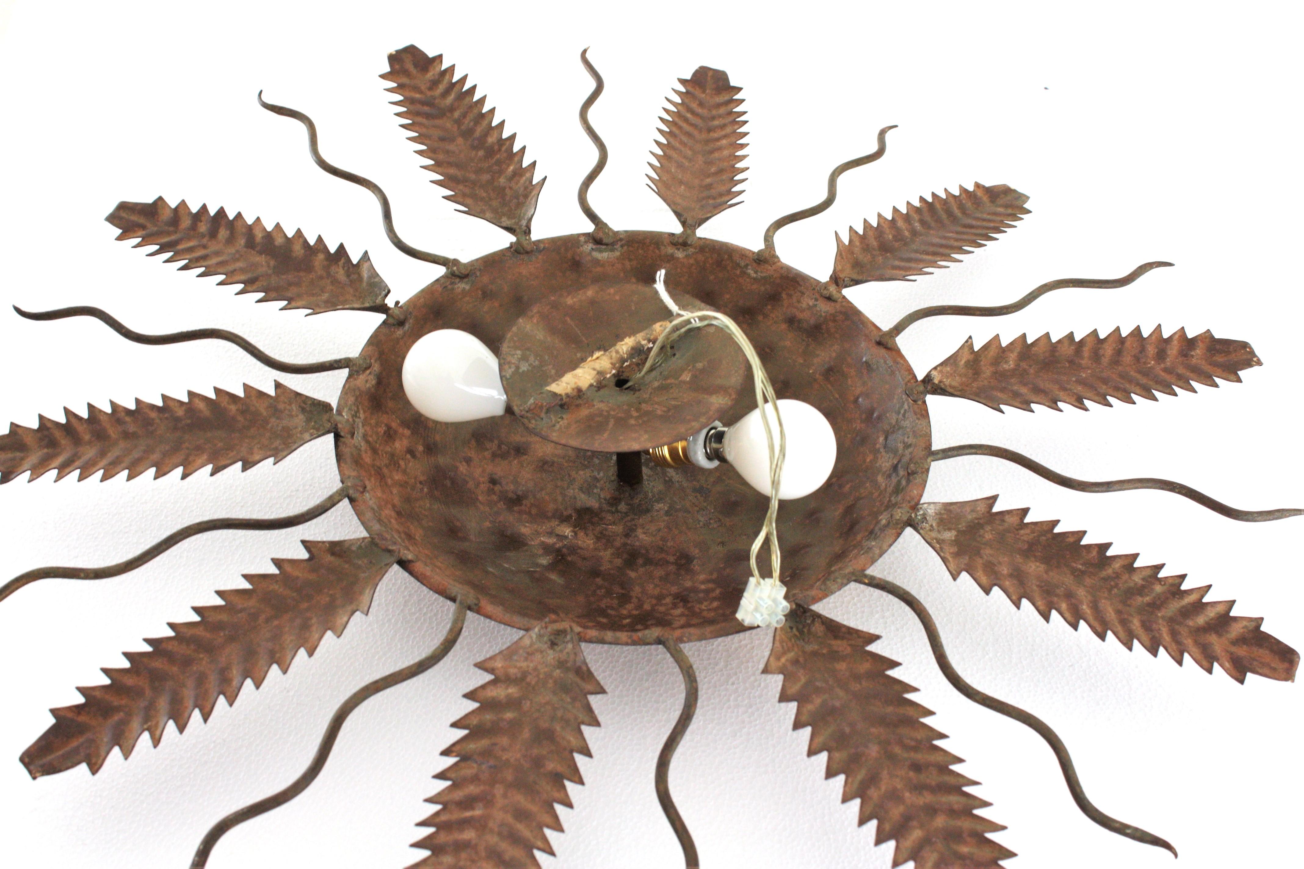 Spanish Sunburst Flush Mount Ceiling Light Fixture in Gilt Iron For Sale 13