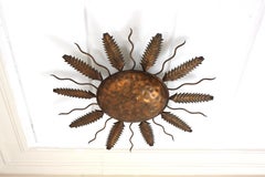 Spanish Sunburst Flush Mount Ceiling Light Fixture in Gilt Iron