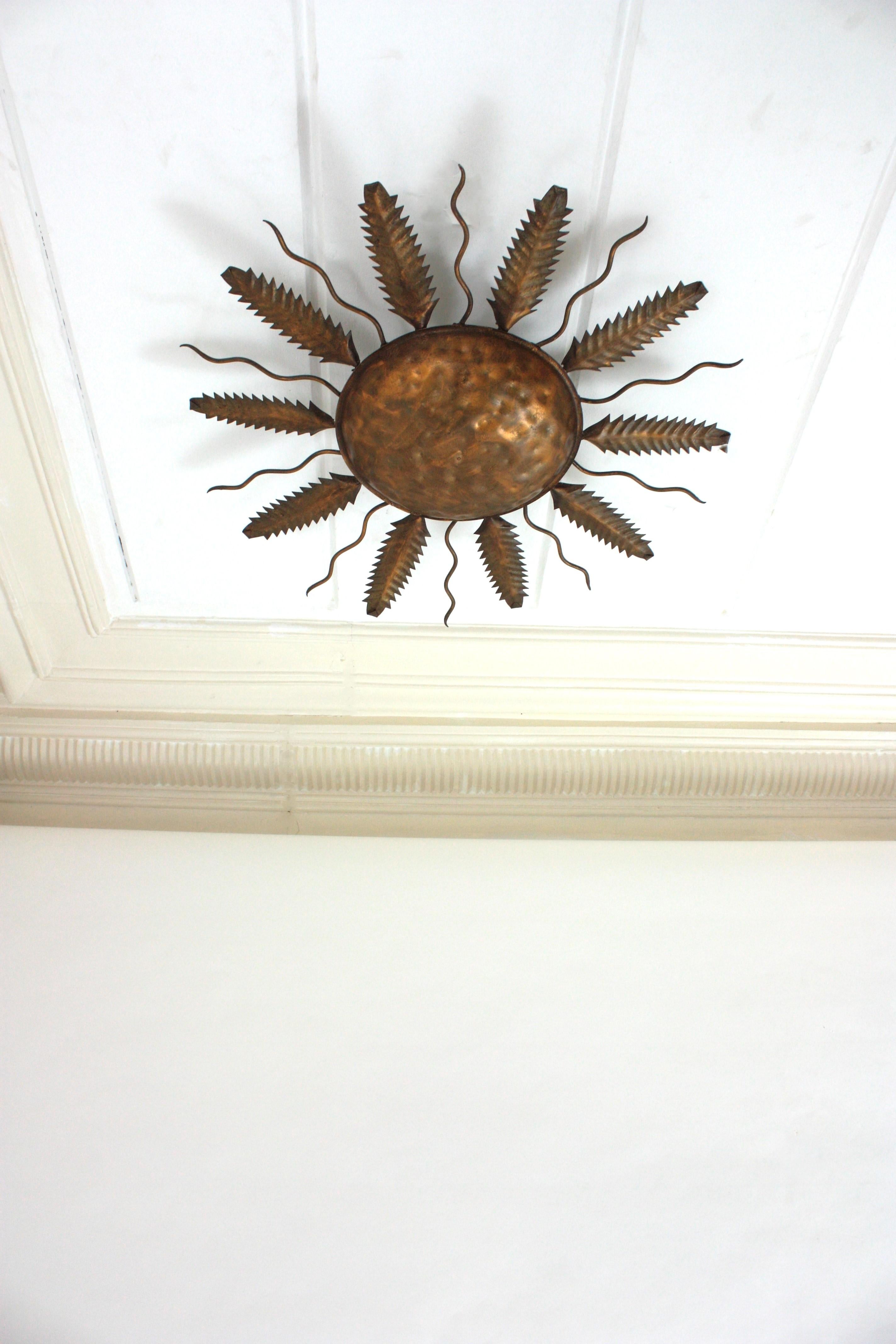 Spanish Sunburst Flush Mount Ceiling Light Fixture in Gilt Iron In Good Condition For Sale In Barcelona, ES