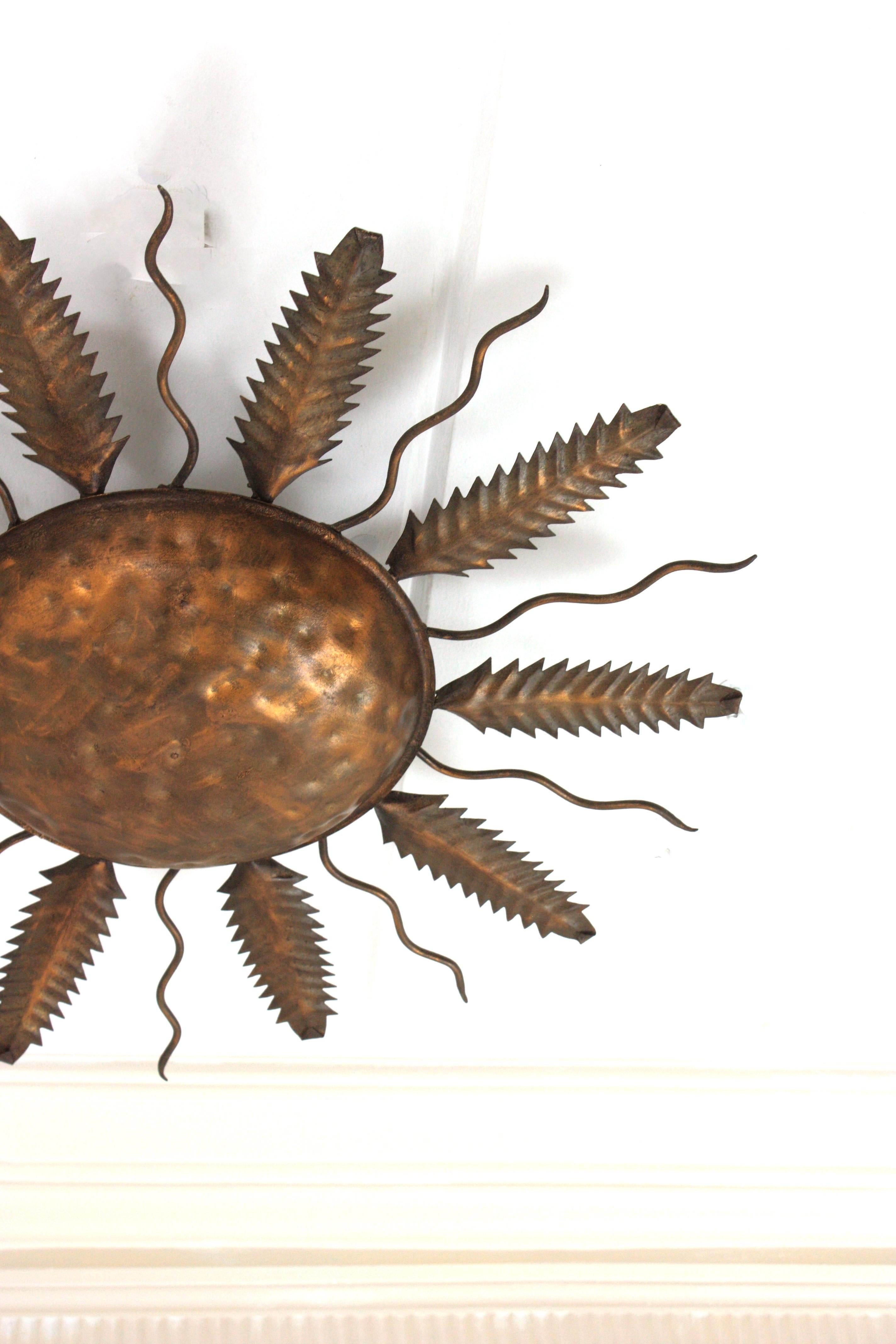 Metal Spanish Sunburst Flush Mount Ceiling Light Fixture in Gilt Iron For Sale