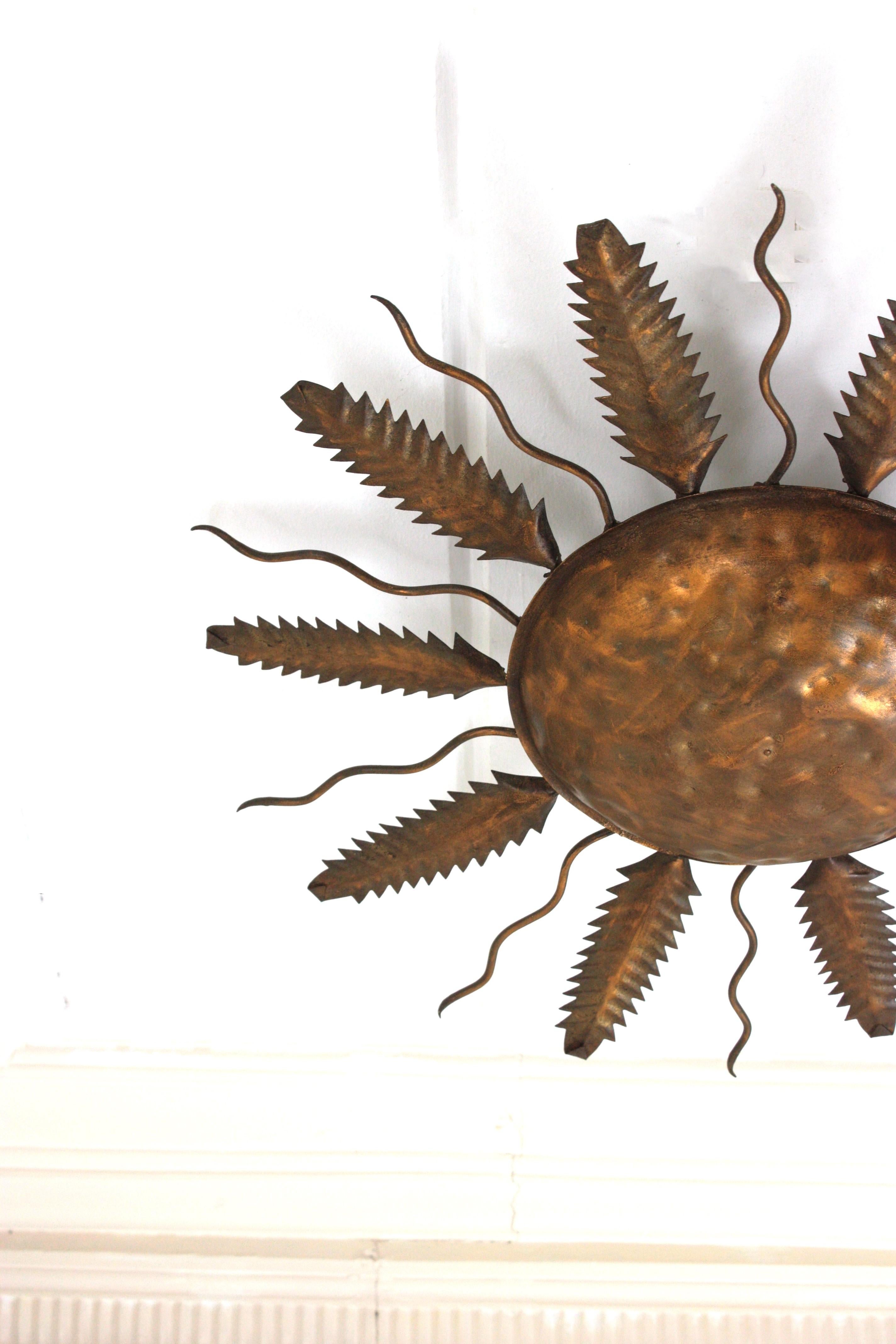 Spanish Sunburst Flush Mount Ceiling Light Fixture in Gilt Iron For Sale 1