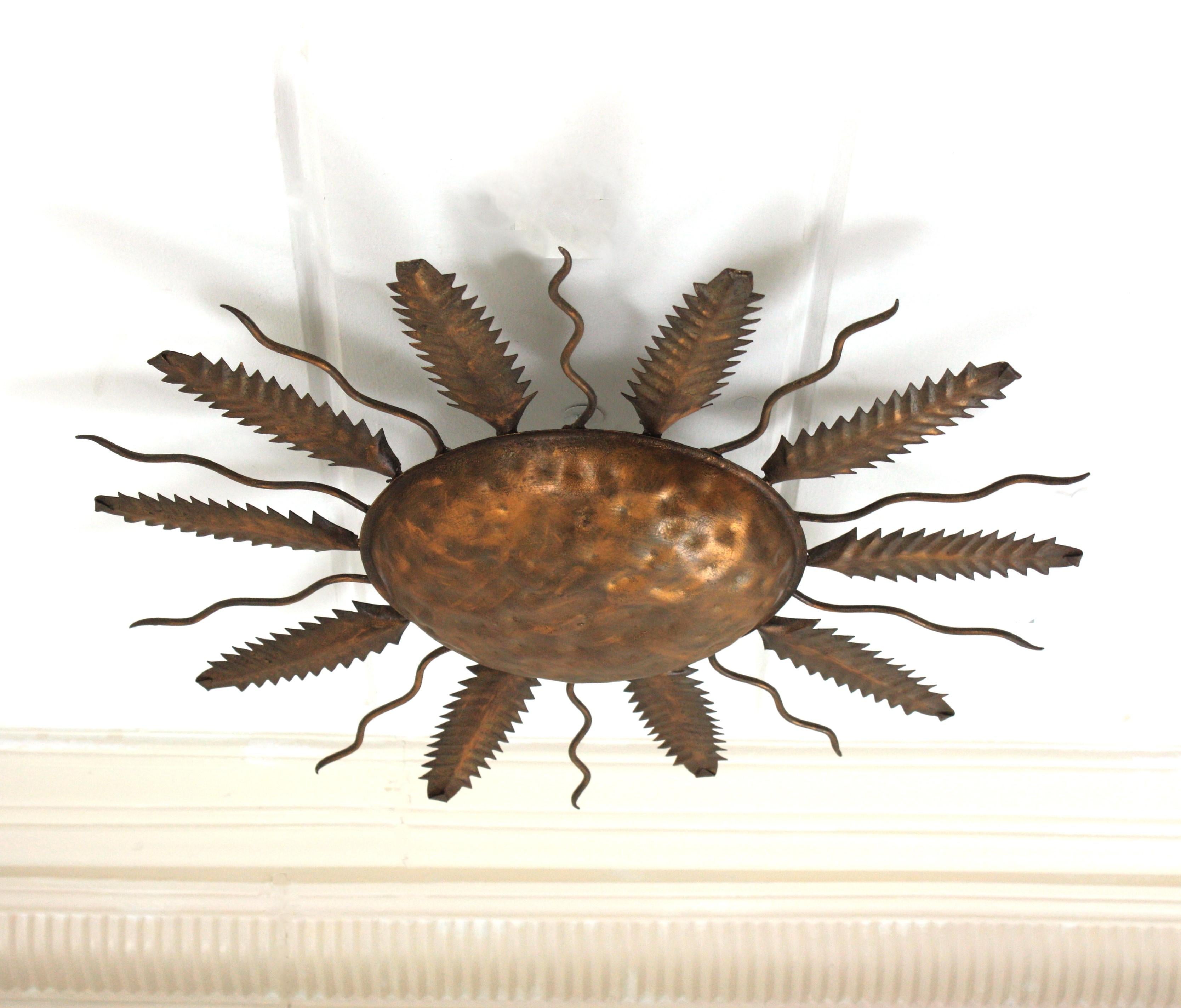 Spanish Sunburst Flush Mount Ceiling Light Fixture in Gilt Iron For Sale 2
