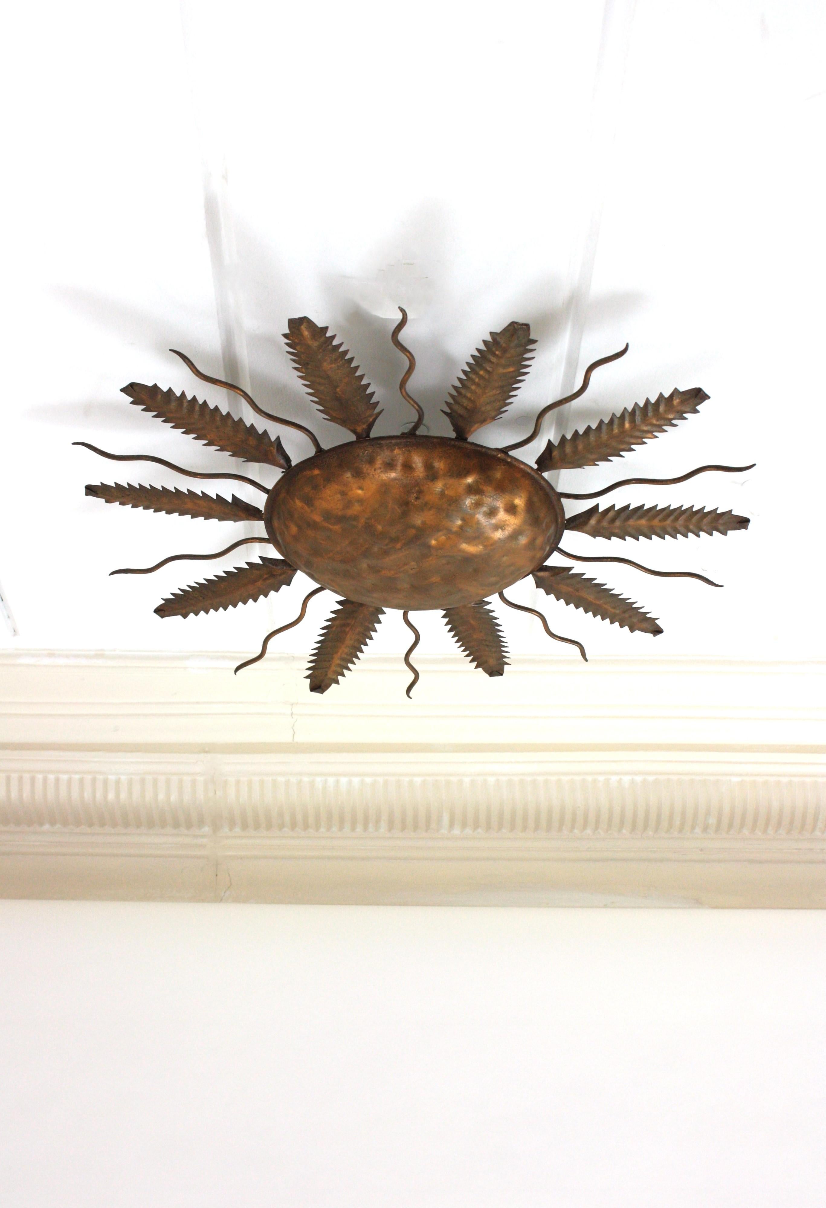 Spanish Sunburst Flush Mount Ceiling Light Fixture in Gilt Iron For Sale 3