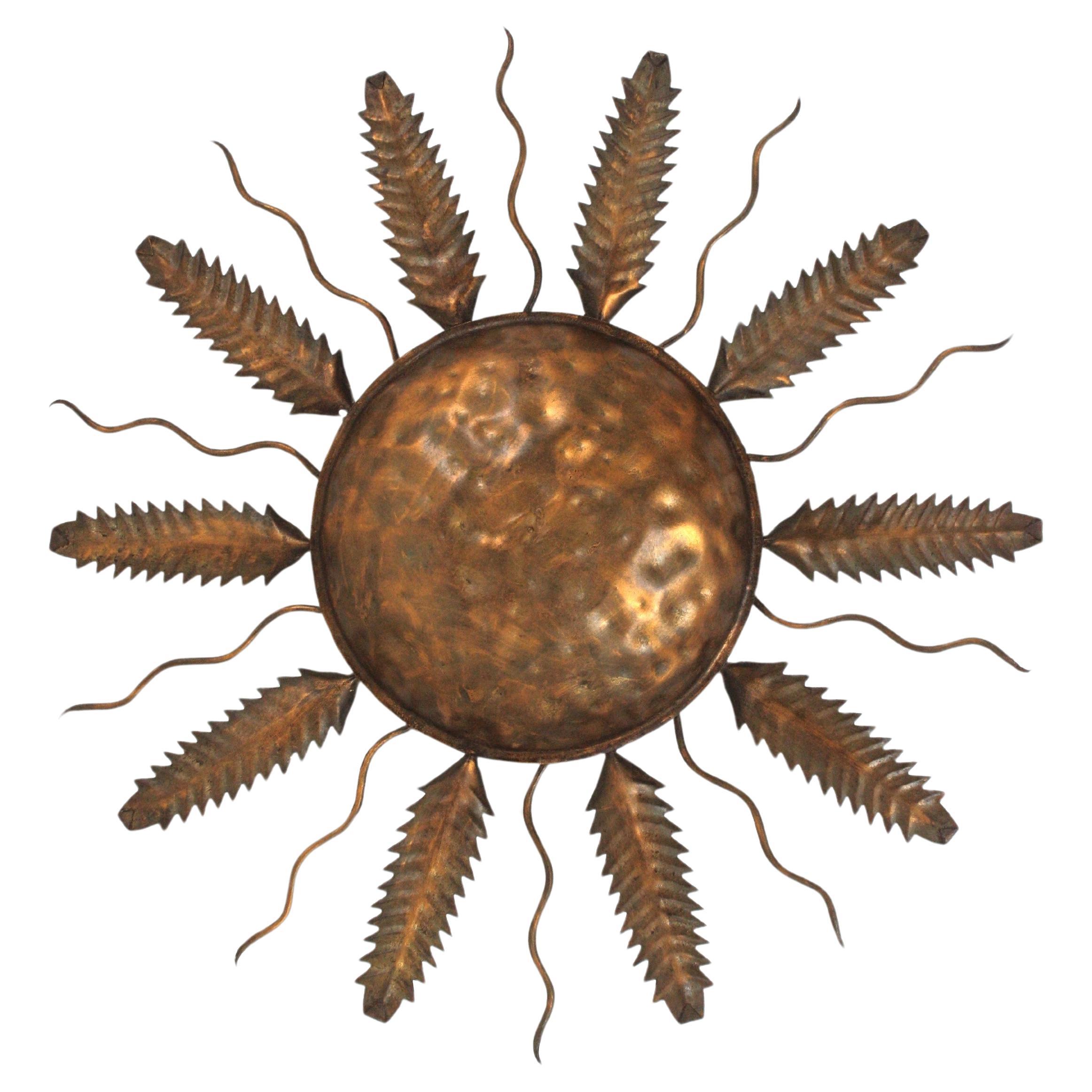 Spanish Sunburst Flush Mount Ceiling Light Fixture in Gilt Iron For Sale