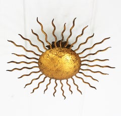 Spanish Sunburst Flushmount Ceiling Light Fixture in Gilt Wrought Iron, 1950s