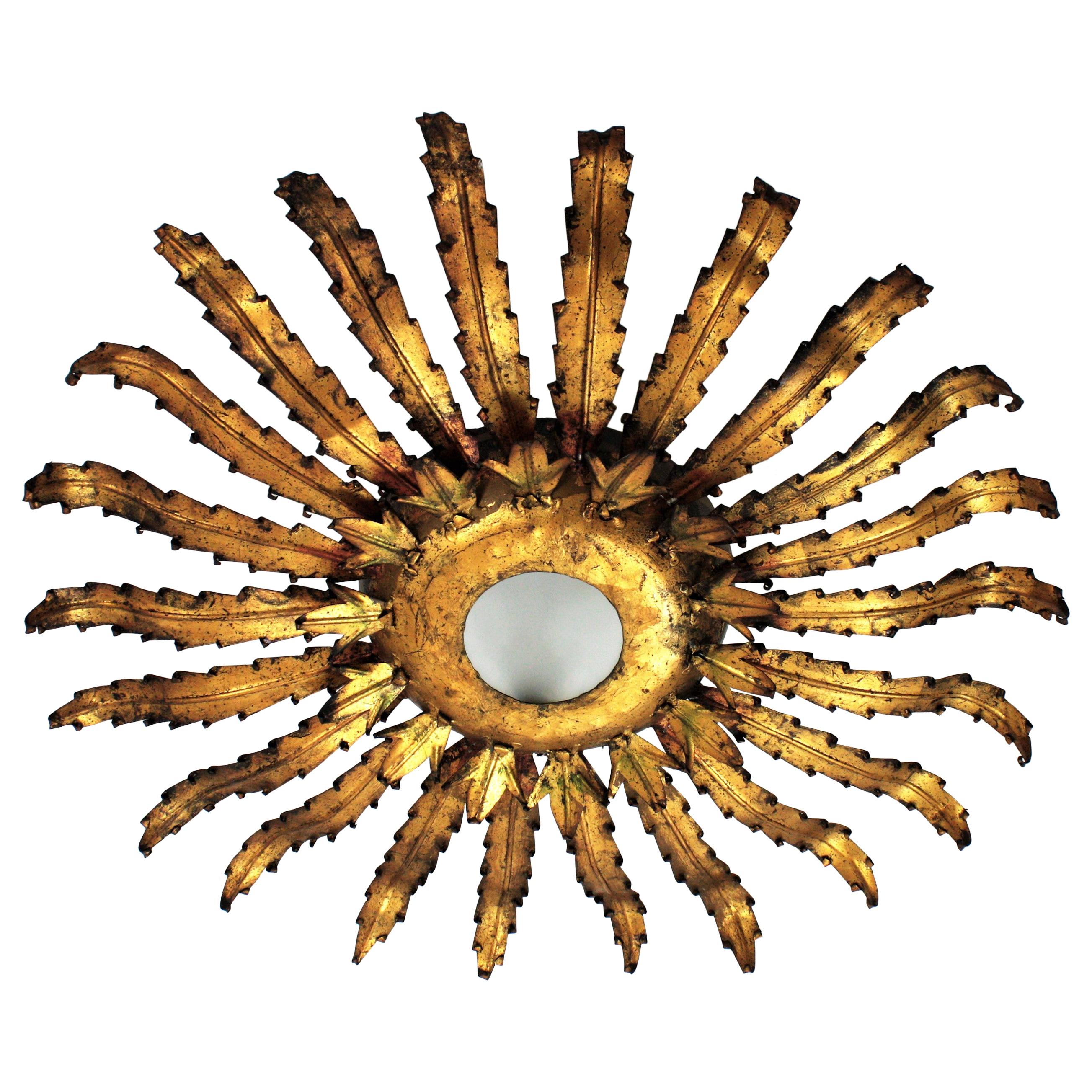 Spanish Sunburst Flushmount Ceiling Light in Brutalist Style, Metal and