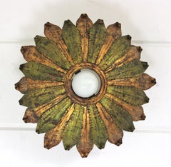 Spanish Sunburst Foliage Ceiling Light Fixture in Green and Gilt Iron, 1950s
