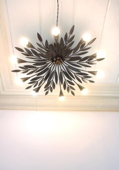 Spanish Sunburst Foliage Chandelier / Light Fixture in Black Iron, 10 Lights