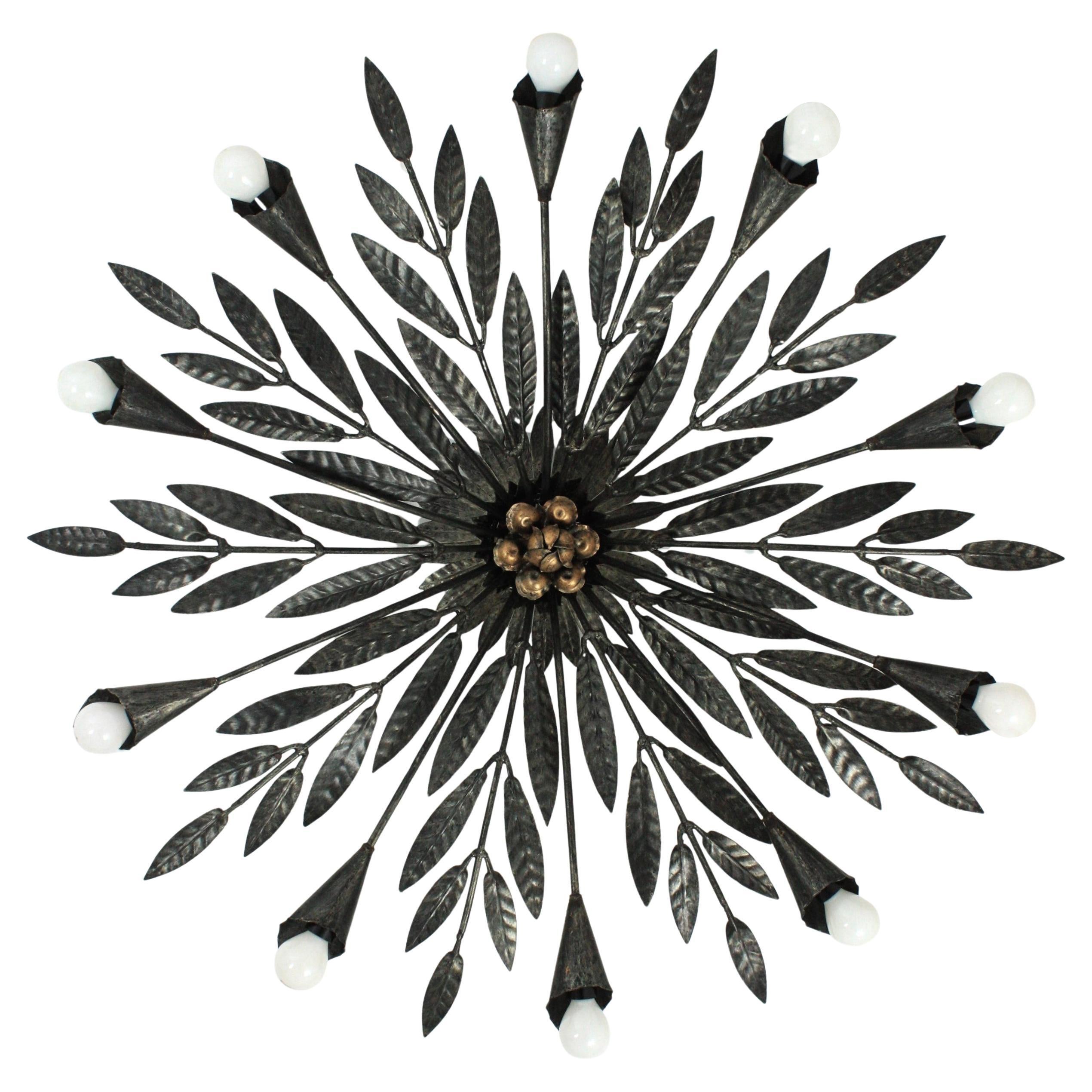 Spanish Sunburst Foliage Chandelier / Light Fixture in Black Iron, 10 Lights For Sale
