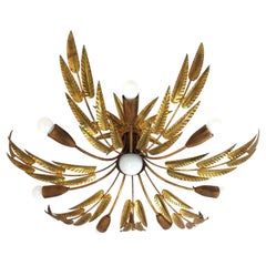 Spanish Sunburst Foliage Chandelier / Light Fixture in Gilt Iron, 8 Lights