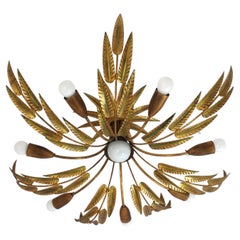 Spanish Sunburst Foliage Chandelier / Light Fixture in Gilt Iron, 8 Lights