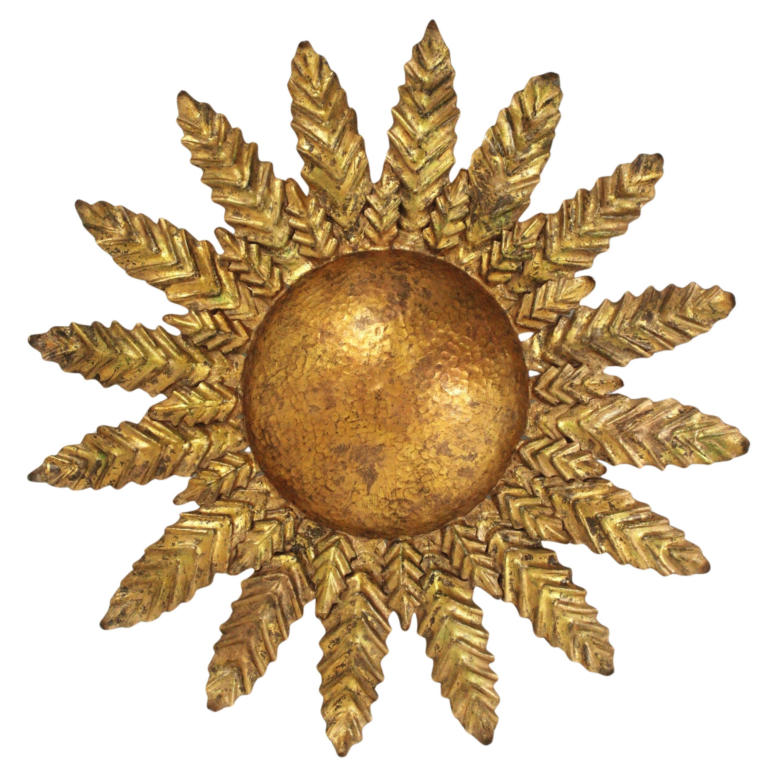Spanish Sunburst Foliage Flush Mount Light Fixture in Gilt Iron, 1950