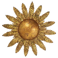 Spanish Sunburst Foliage Flush Mount Light Fixture in Gilt Iron, 1950