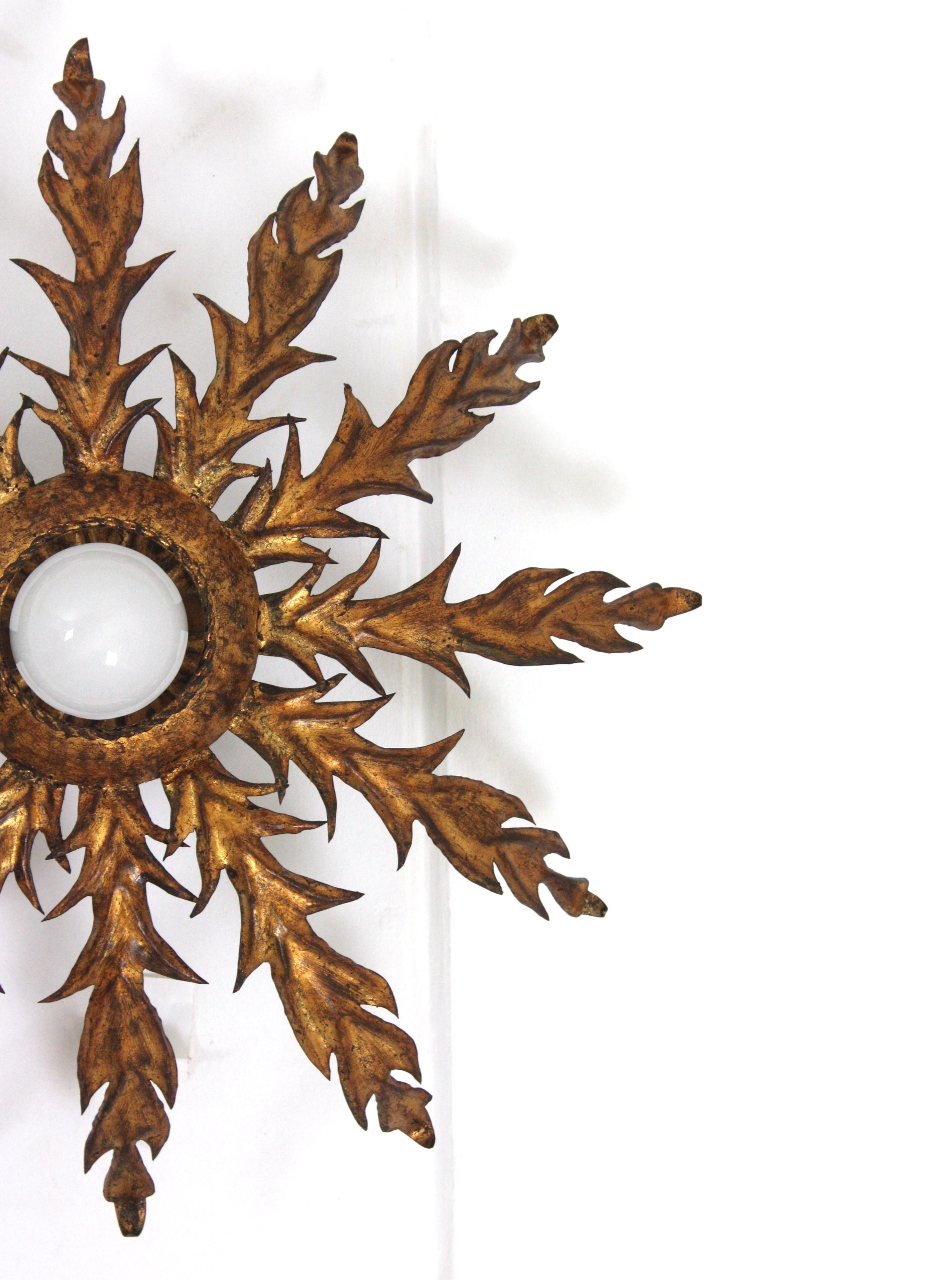 Lámpara de montaje empotrado con follaje Sunburst español en hierro dorado en venta 4