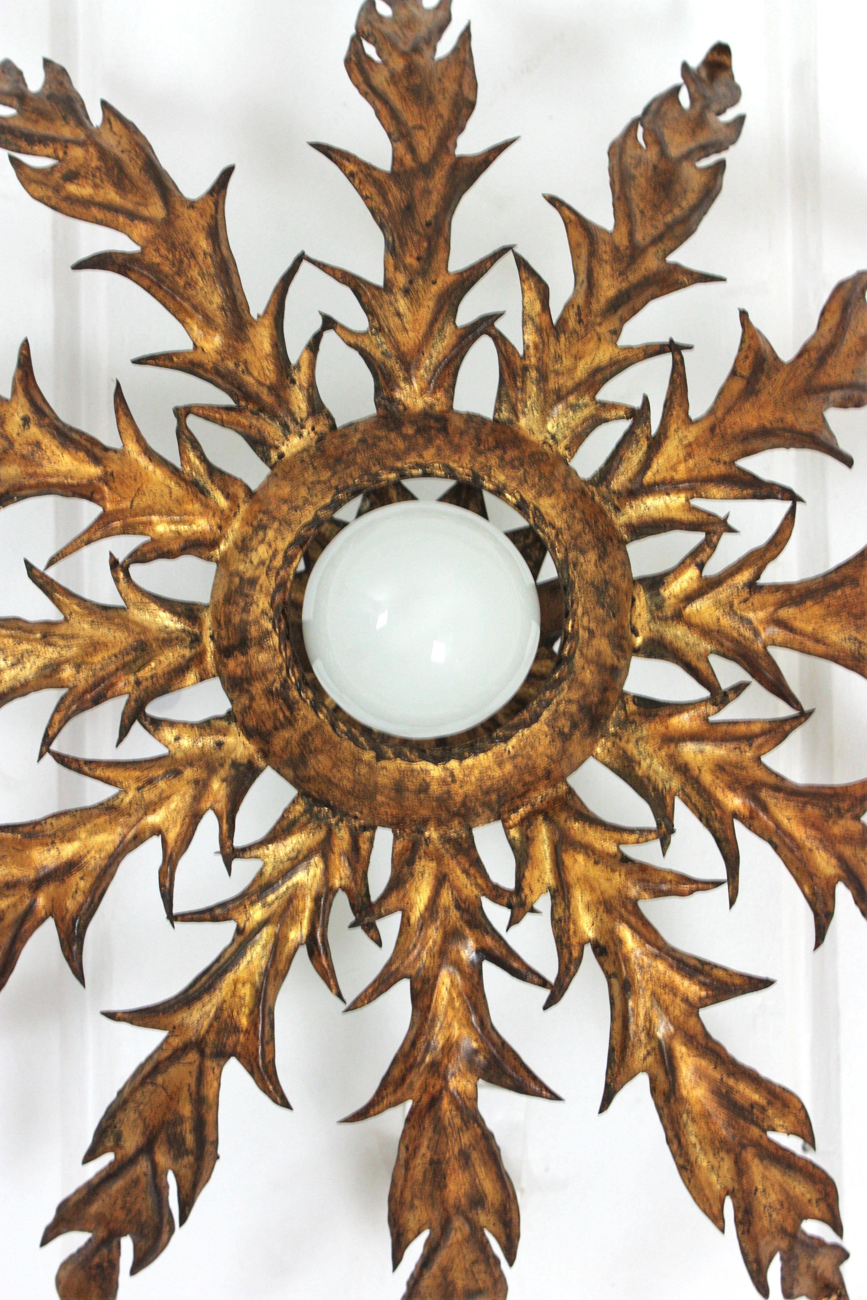 Lámpara de montaje empotrado con follaje Sunburst español en hierro dorado en venta 5