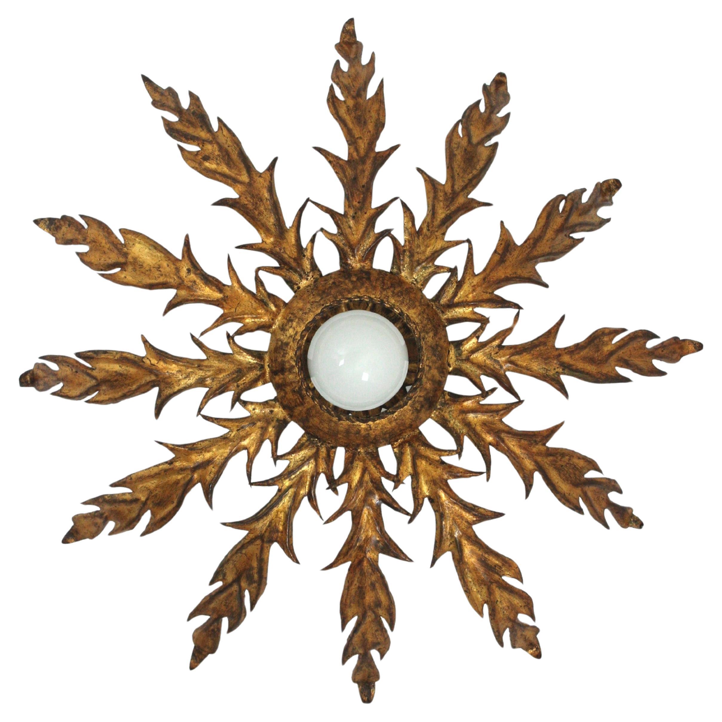 Artefacto de iluminación Sunburst de hojas de hierro dorado
Impresionante lámpara de techo de follaje, hierro dorado, pan de oro, España, 1940-1950.
Esta llamativa lámpara de techo de hierro presenta una capa de hojas de hierro cortadas a mano que