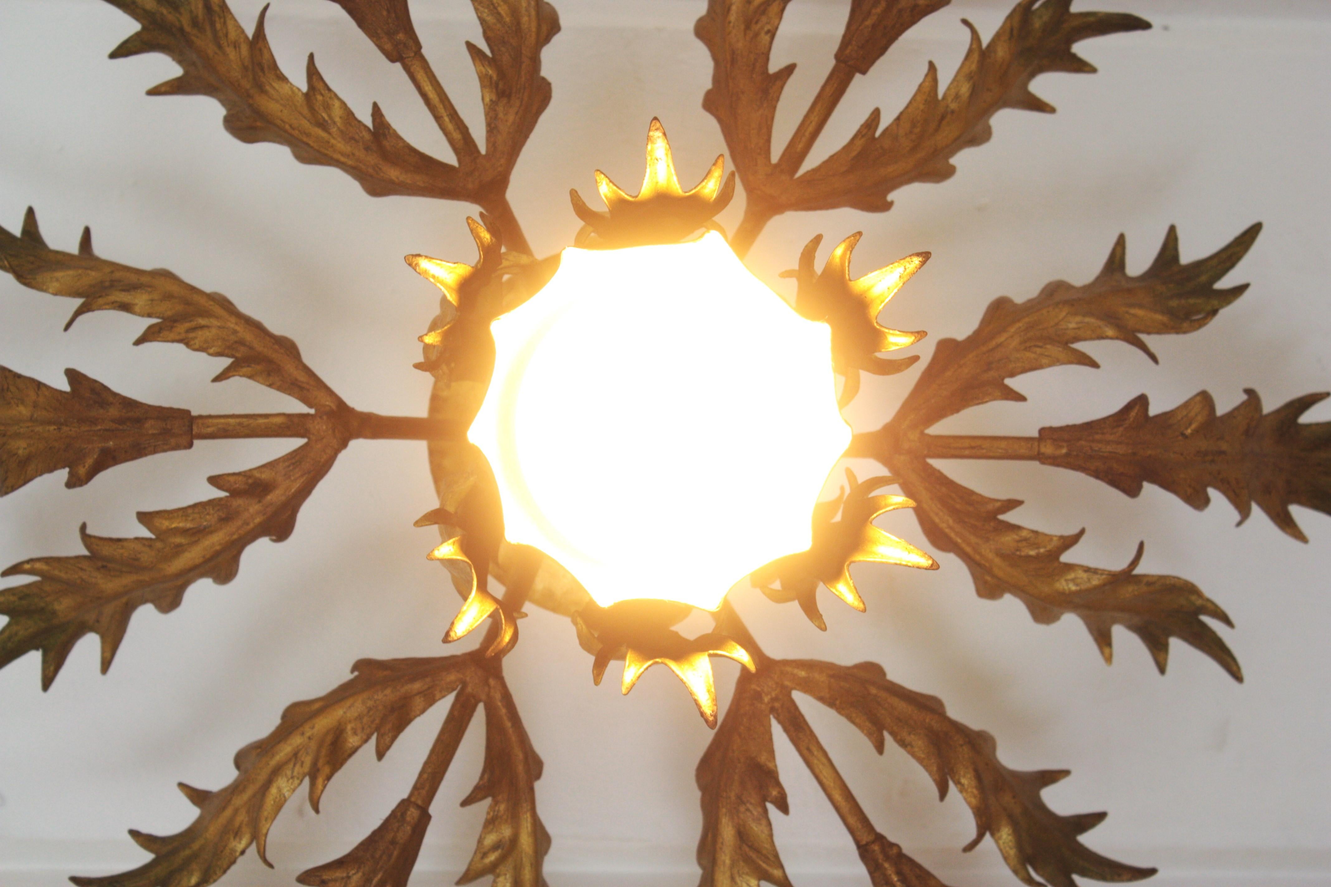 Spanische Einbaubeleuchtung in vergoldetem Metall mit Sonnenschliff und Blattwerk im Angebot 9