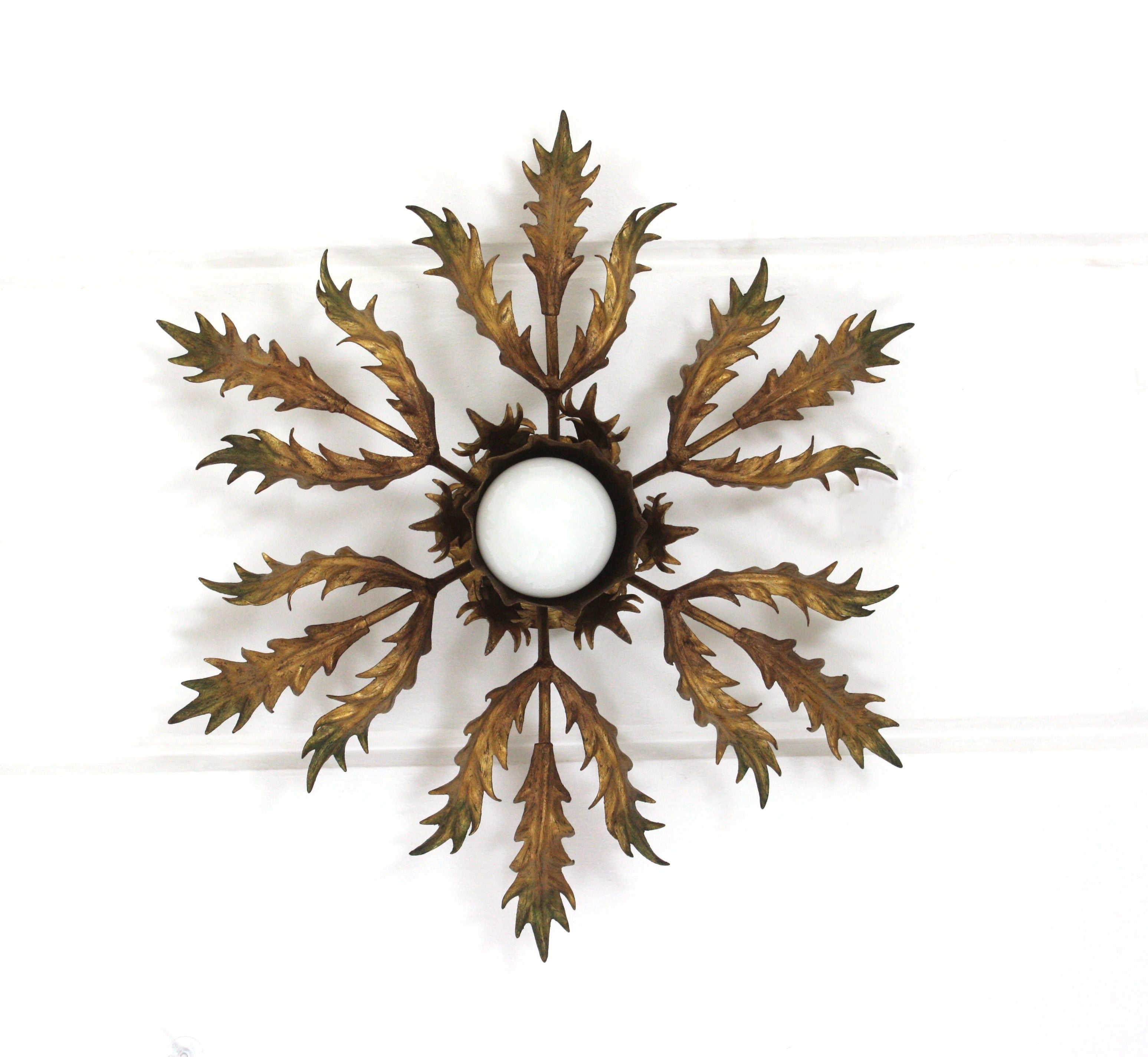 Mid-Century Modern Spanish Sunburst Foliage Flush Mount Light Fixture in Gilt Metal For Sale