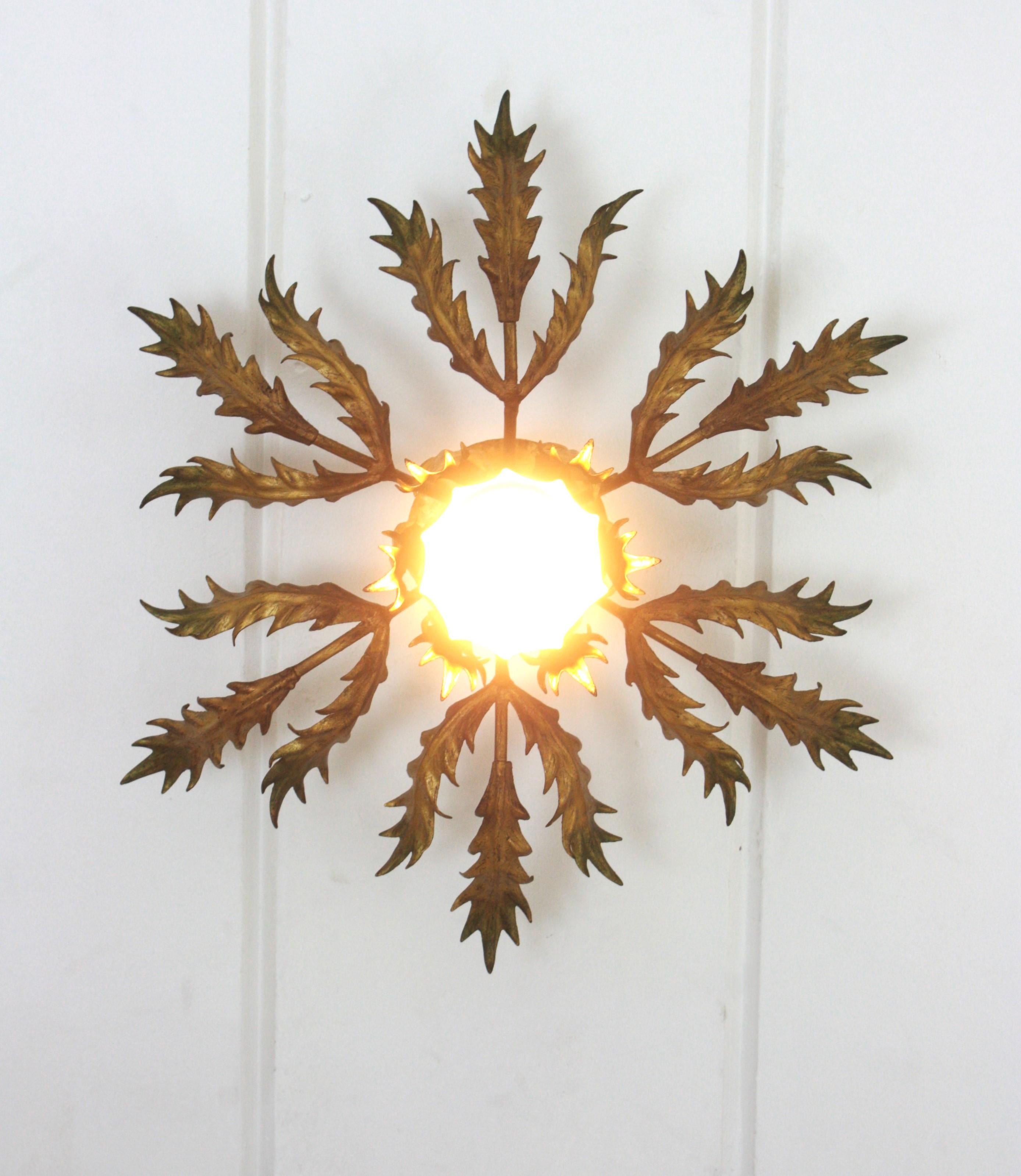 Spanish Sunburst Foliage Flush Mount Light Fixture in Gilt Metal For Sale 2
