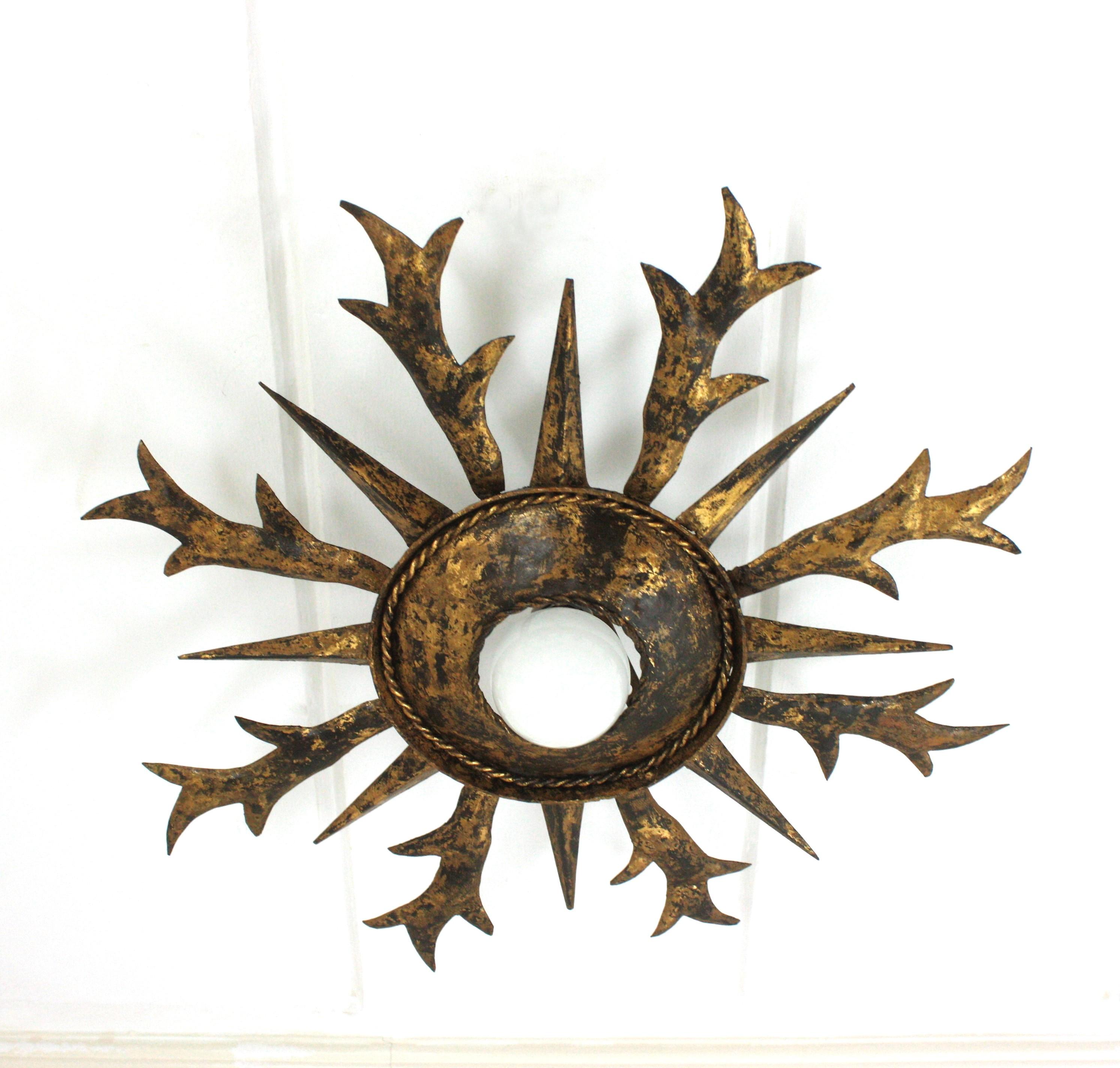 Spanish Sunburst Foliage Flush Mount Light Fixture, Wrought Gilt Iron For Sale 1