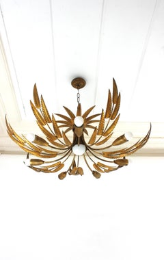 Spanish Sunburst Foliage Light Fixture / Chandelier in Gilt Iron, 8 Lights