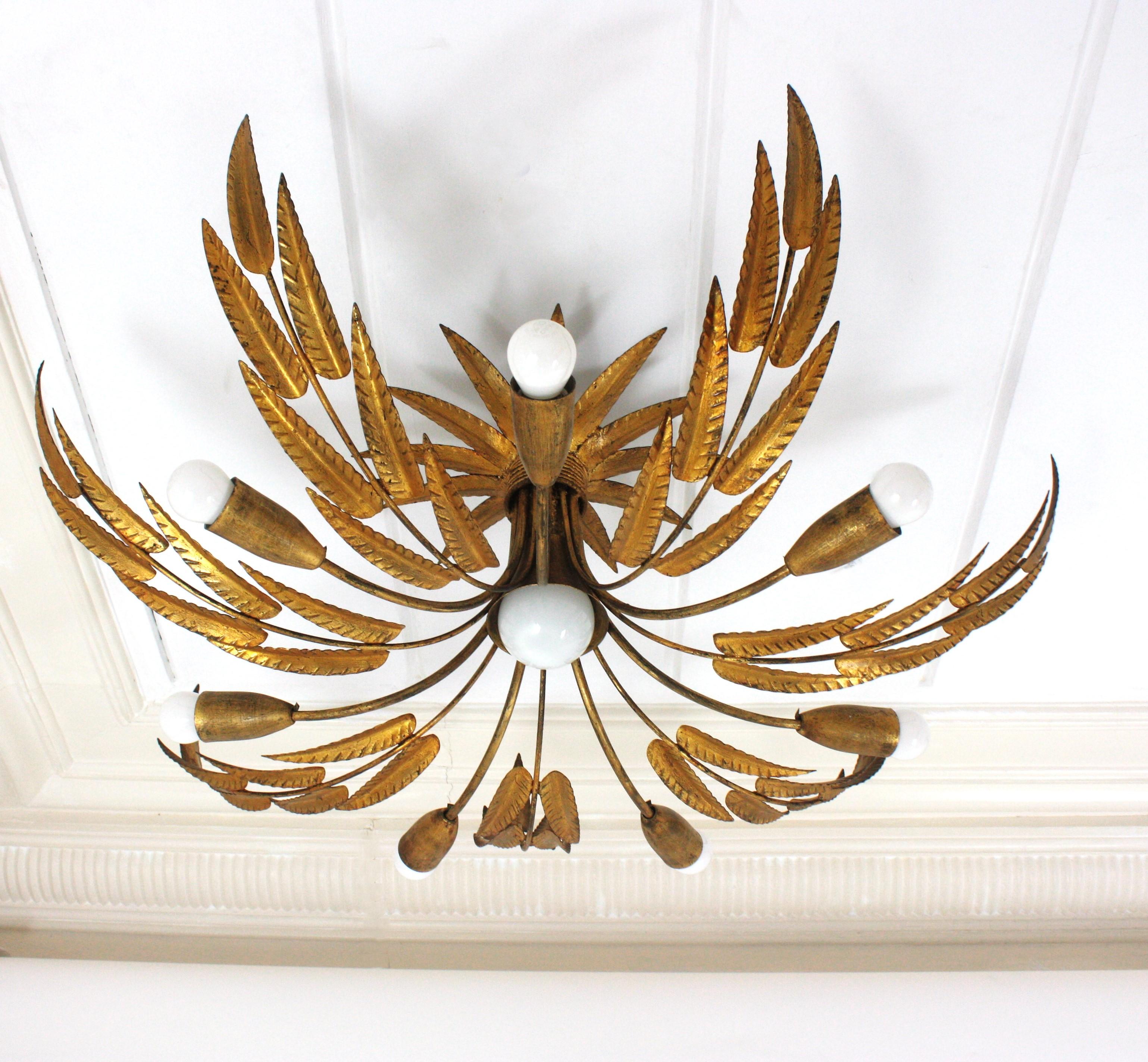 Brutalist Spanish Sunburst Foliage Light Fixture / Chandelier in Gilt Iron, 8 Lights For Sale