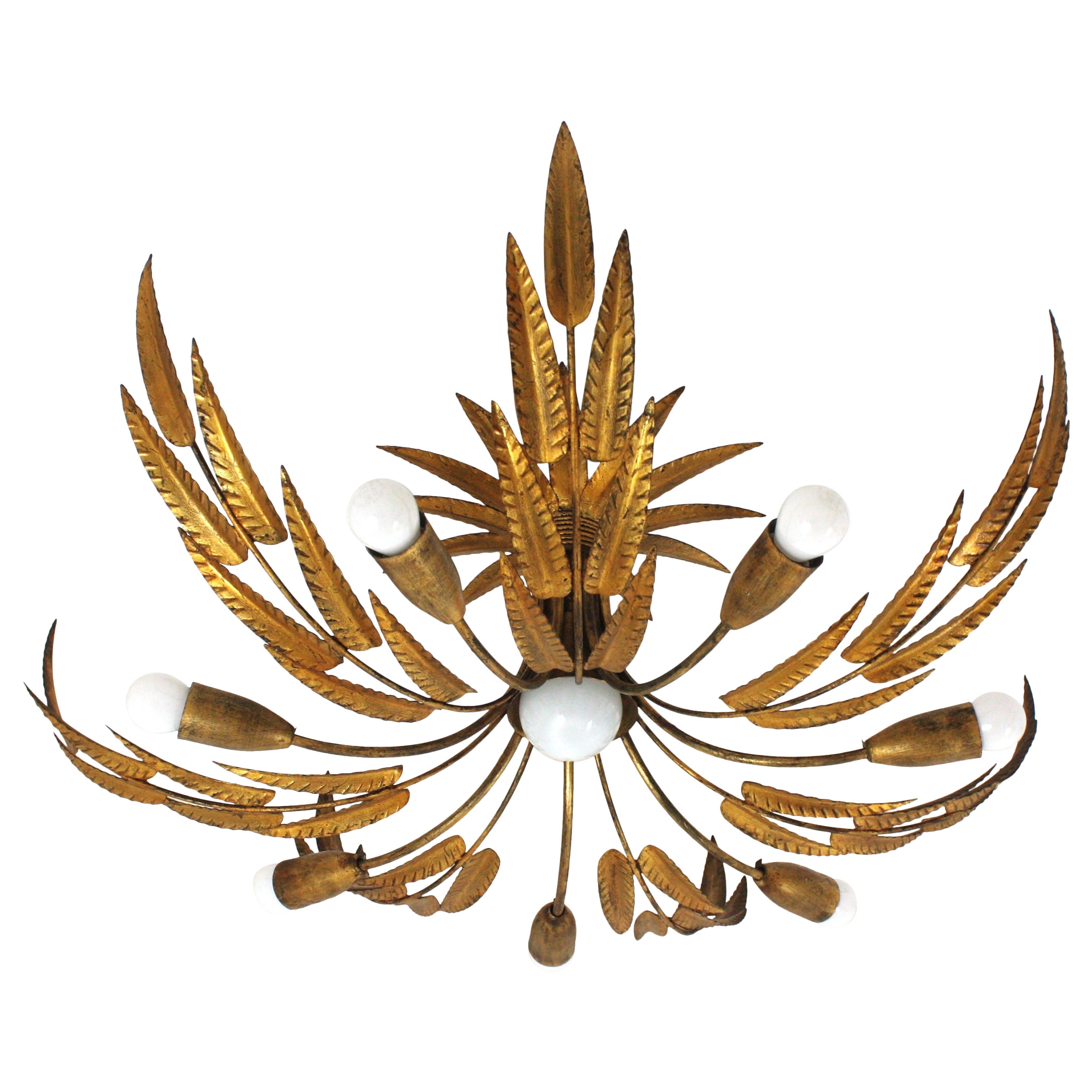 Spanish Sunburst Foliage Light Fixture / Chandelier in Gilt Iron, 8 Lights