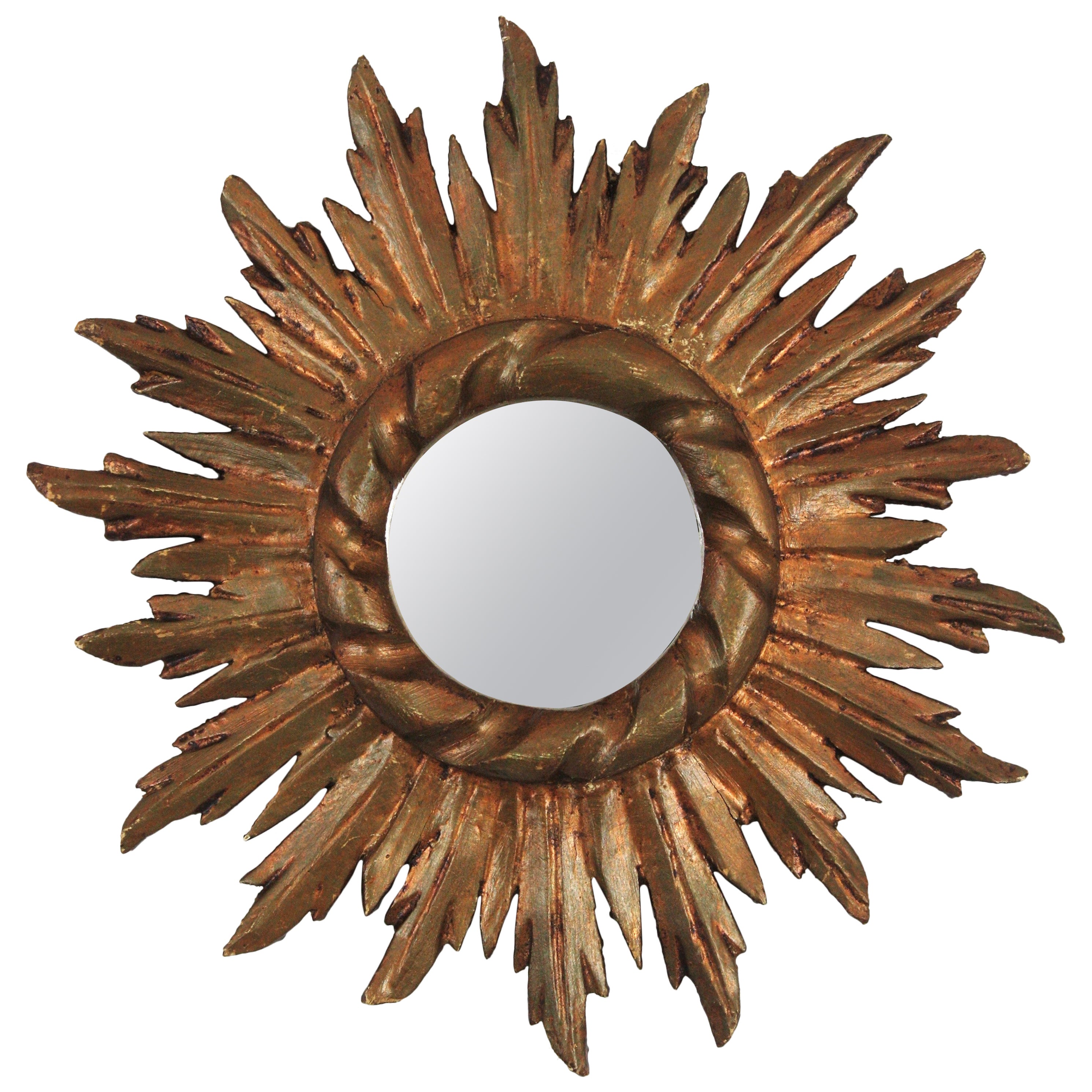 Specchio spagnolo in legno dorato a raggiera in stile barocco, dimensioni ridotte