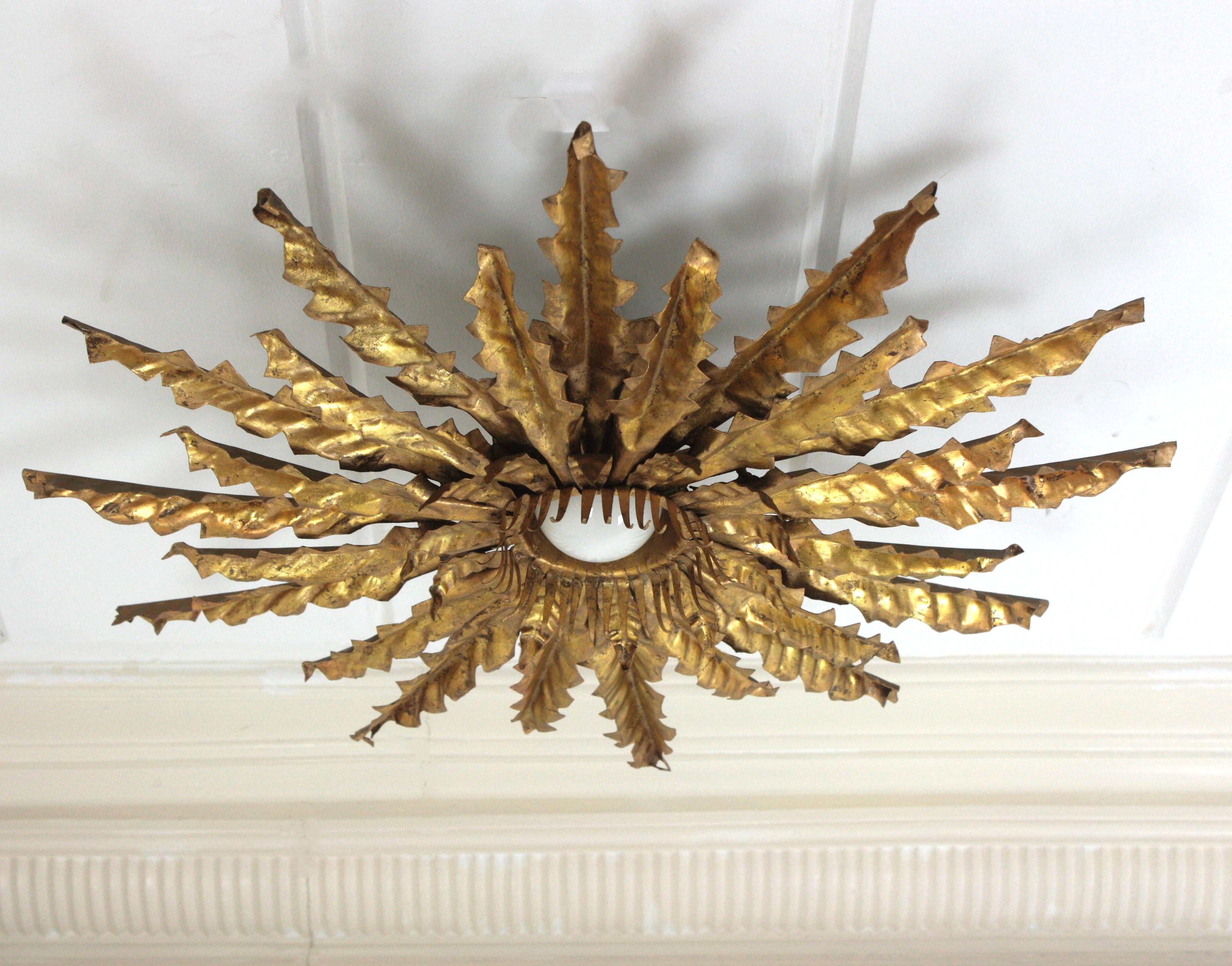 Spanish Sunburst Leafed Ceiling Light Fixture or Pendant, Gilt Iron For Sale 7