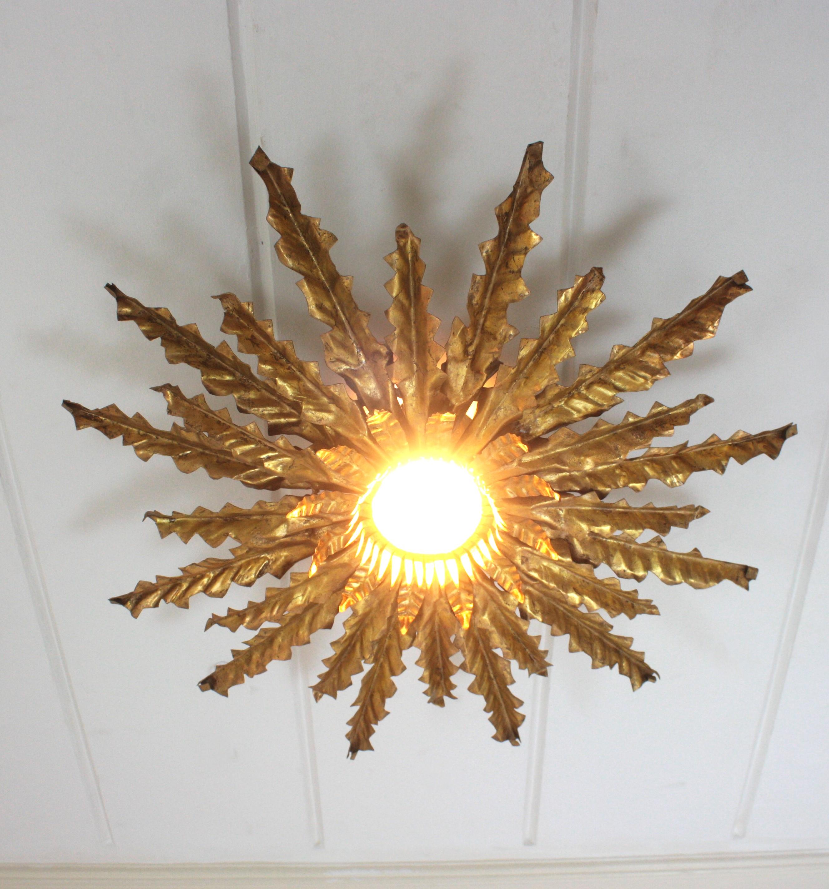 Spanish Sunburst Leafed Ceiling Light Fixture or Pendant, Gilt Iron For Sale 8